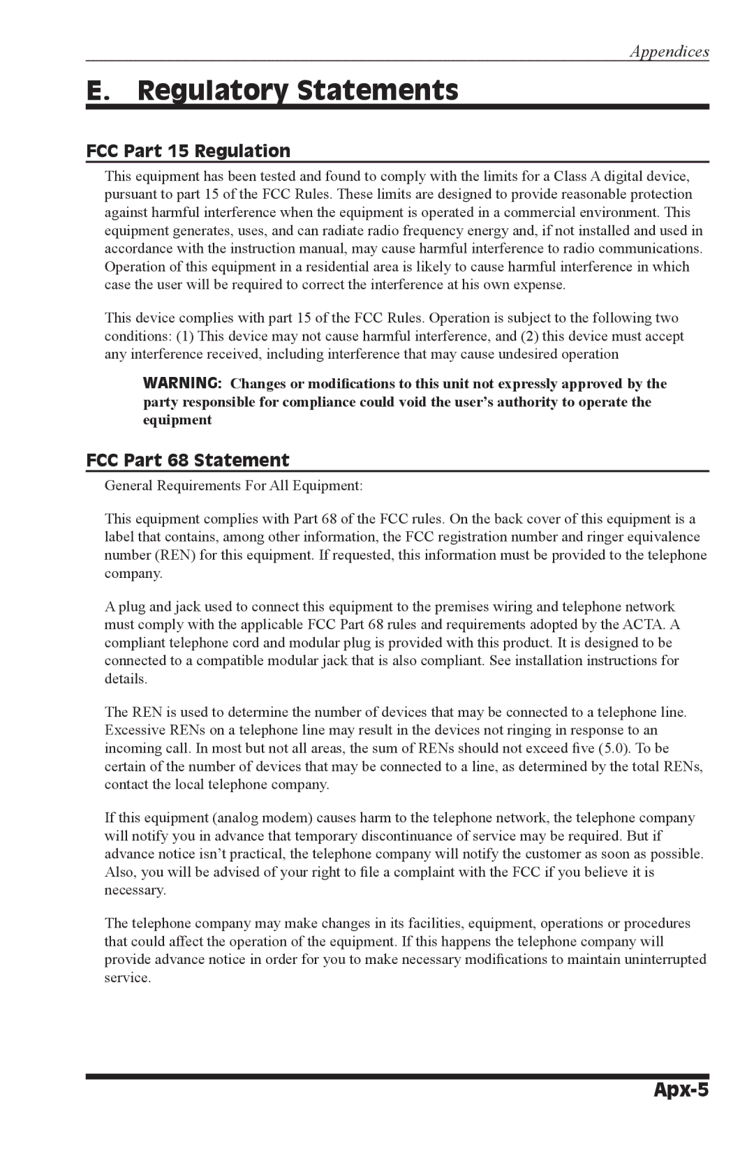 Western Telematic APS-16M, APS-8M manual Regulatory Statements, Apx-5 