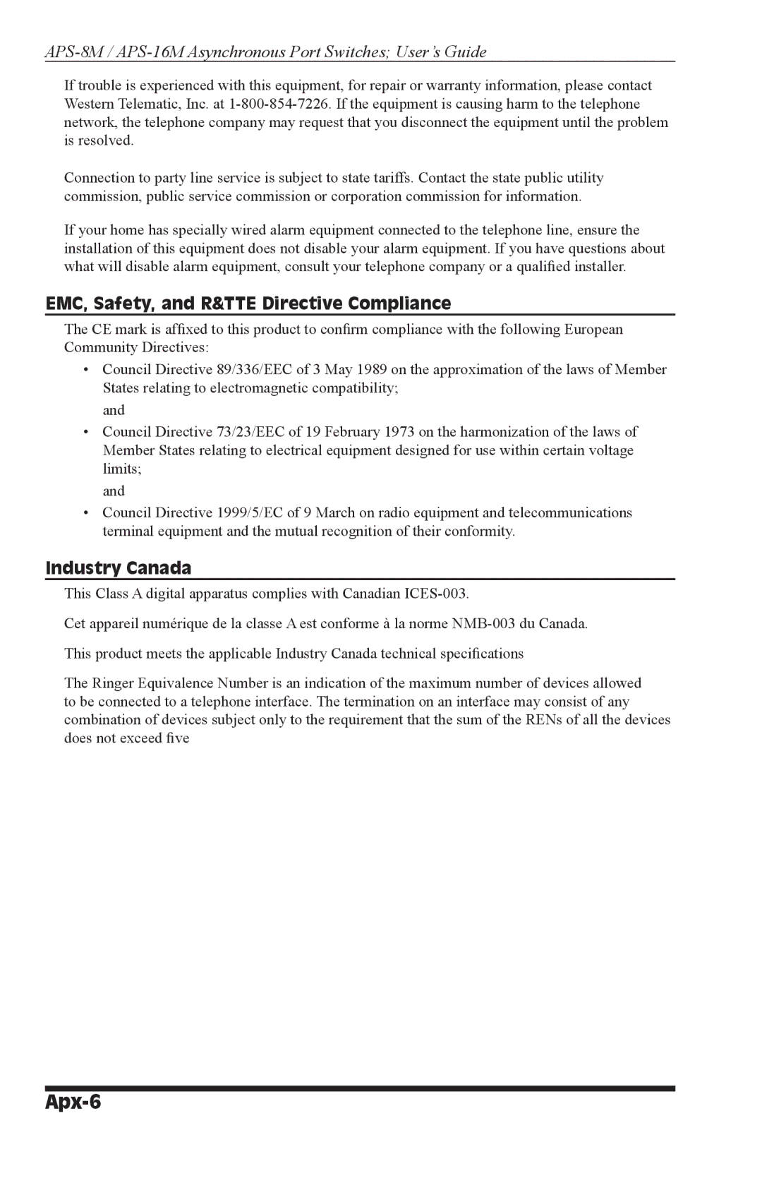 Western Telematic APS-8M, APS-16M manual Apx-6, EMC, Safety, and R&TTE Directive Compliance 