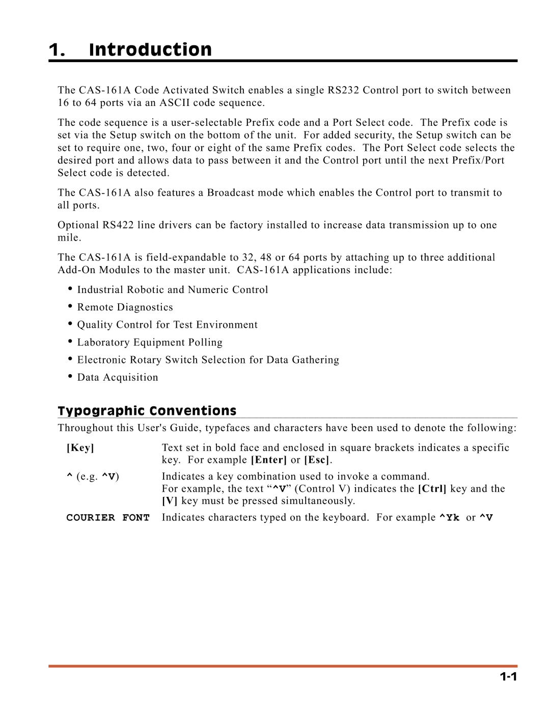 Western Telematic CAS-161A manual Introduction, Typographic Conventions 