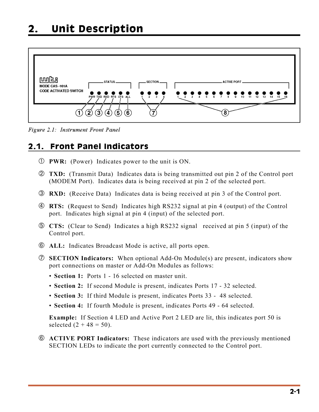 Western Telematic CAS-161A manual 1UnitInstrumentDescriptionFrontPanel, Front Panel Indicators 