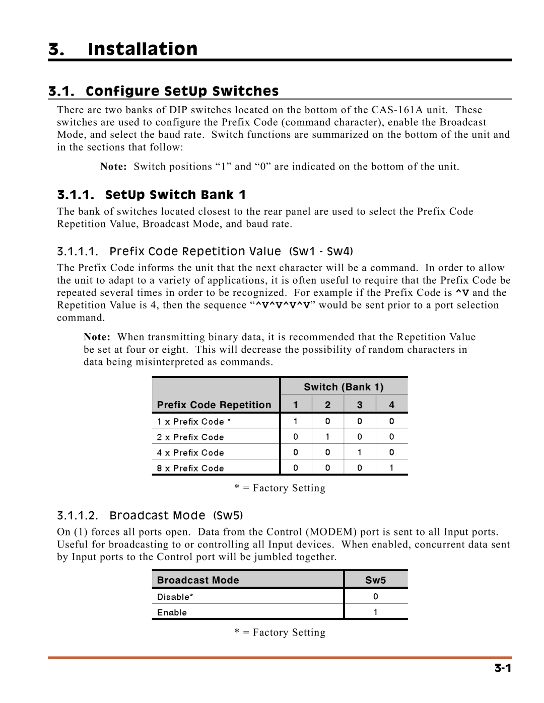 Western Telematic CAS-161A manual Installation, Configure SetUp Switches, SetUp Switch Bank 