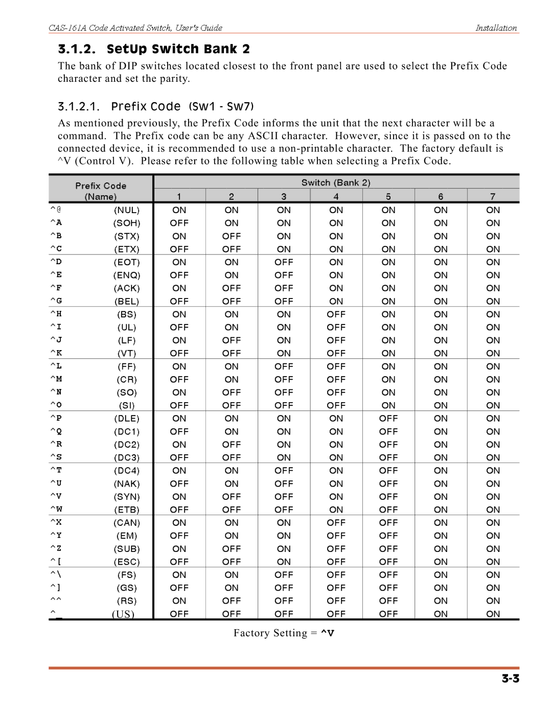 Western Telematic CAS-161A manual SetUpTX Switch Bank, Prefix Code Sw1 Sw7 