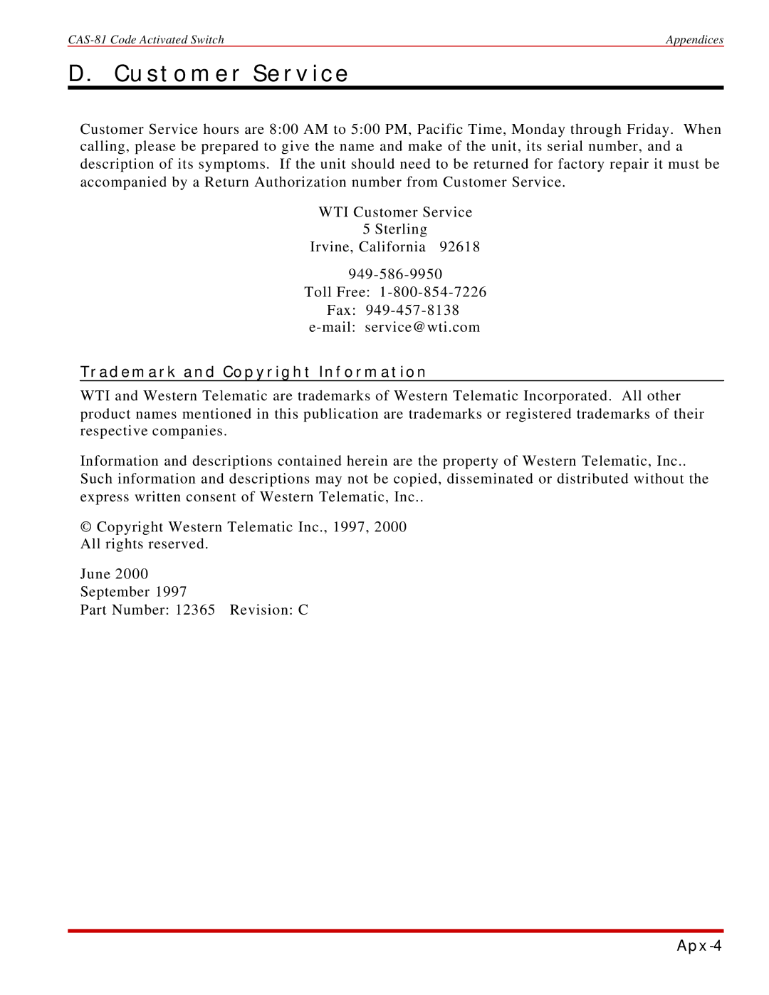 Western Telematic CAS-81 manual Customer Service, Trademark and Copyright Information 