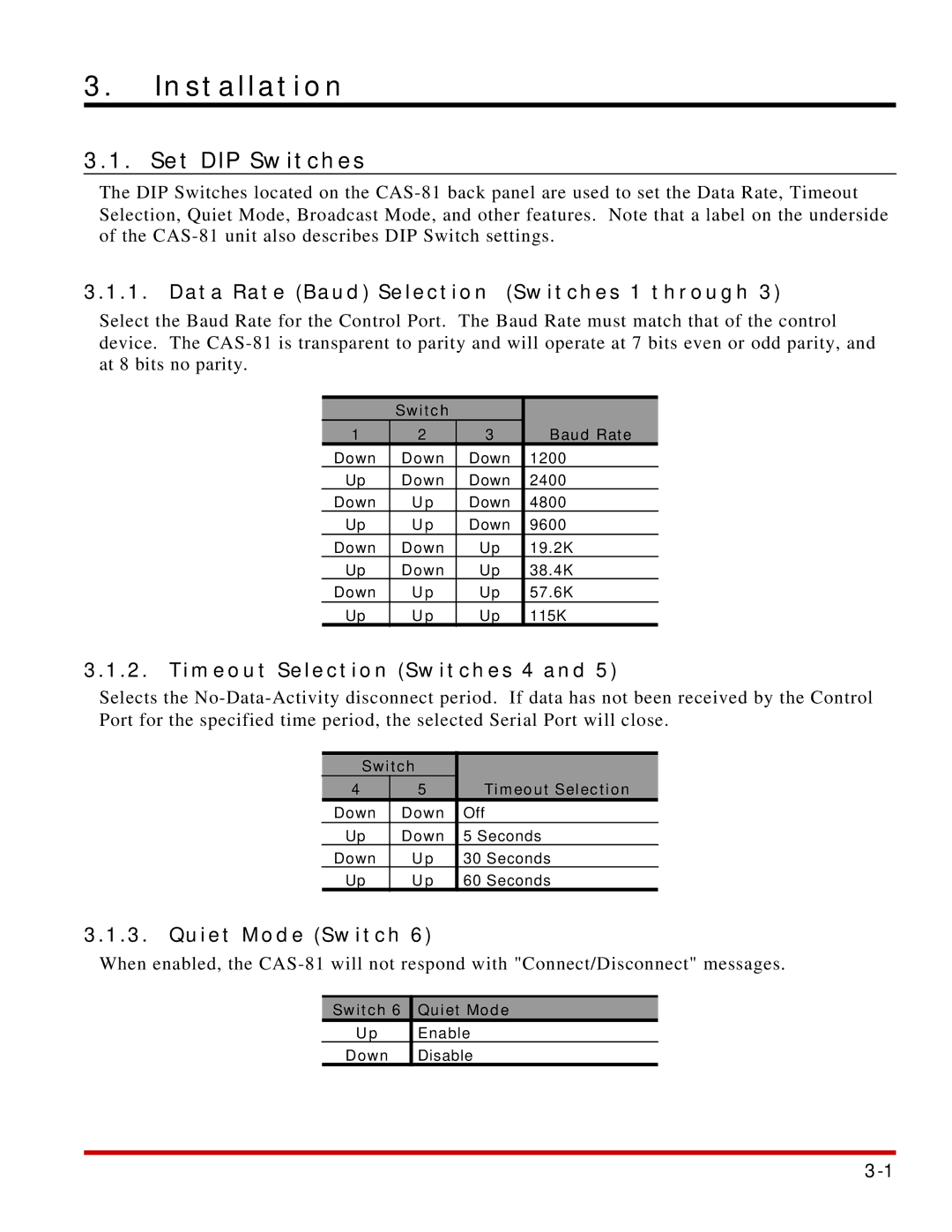 Western Telematic CAS-81 Installation, Set DIP Switches, Data Rate Baud Selection Switches 1 through, Quiet Mode Switch 