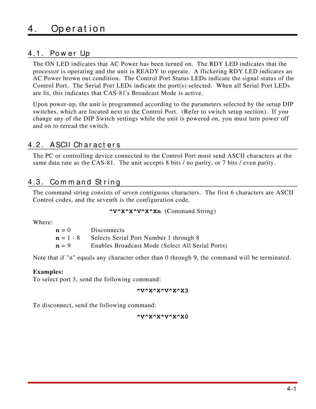 Western Telematic CAS-81 manual Operation, Power Up, Ascii Characters, Command String, Examples 