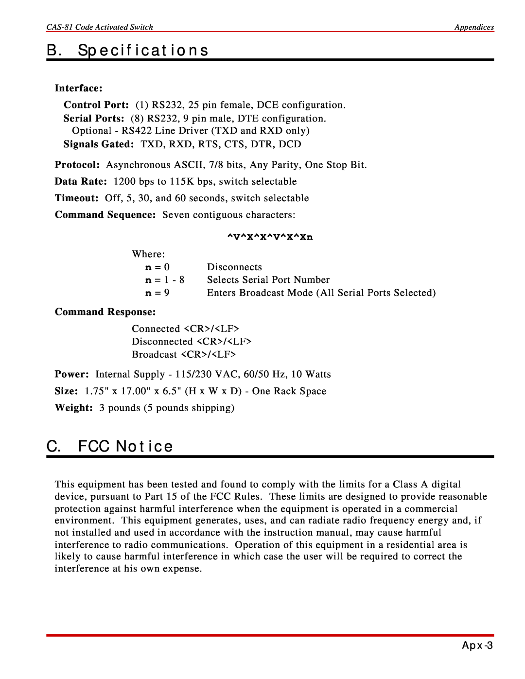 Western Telematic CAS-81 manual B. Specifications, C. FCC Notice, VXXVXXn, Apx-3 