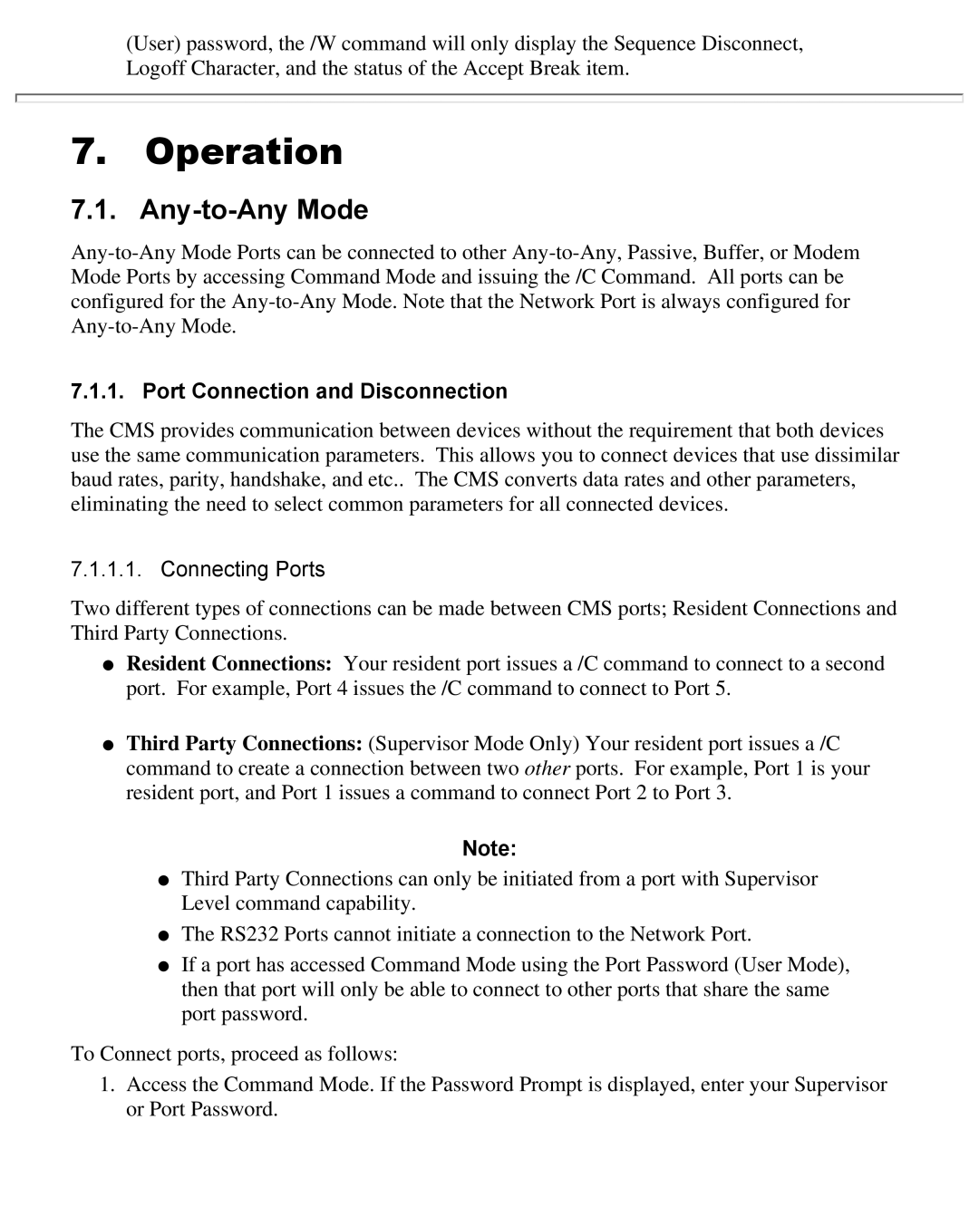 Western Telematic CMS-16 manual Operation, Any-to-Any Mode, Port Connection and Disconnection 