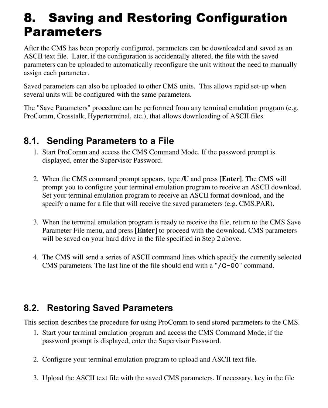 Western Telematic CMS-16 manual Saving and Restoring Configuration Parameters, Sending Parameters to a File 