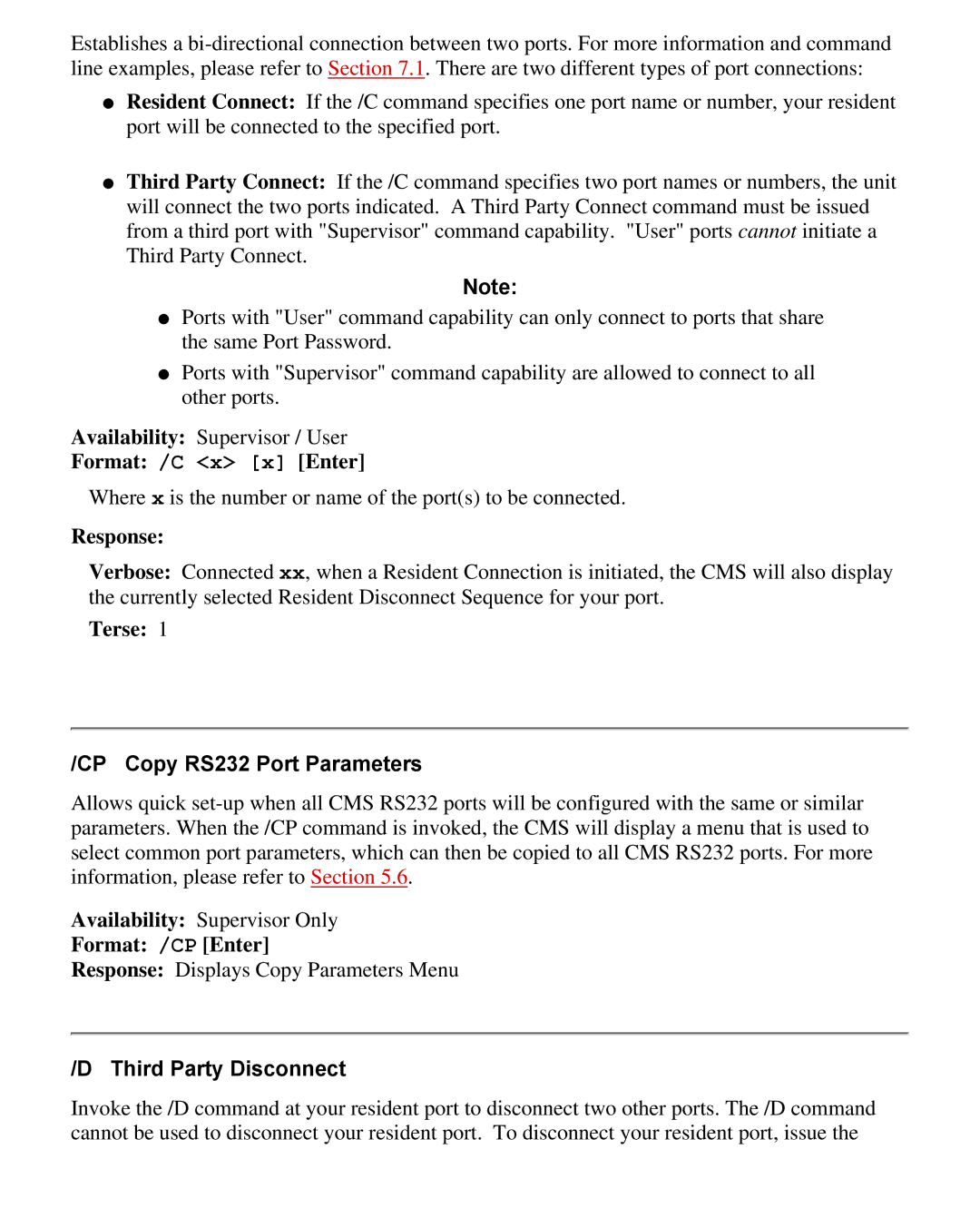 Western Telematic CMS-16 Format /C x x Enter, CP Copy RS232 Port Parameters, Format /CP Enter, Third Party Disconnect 