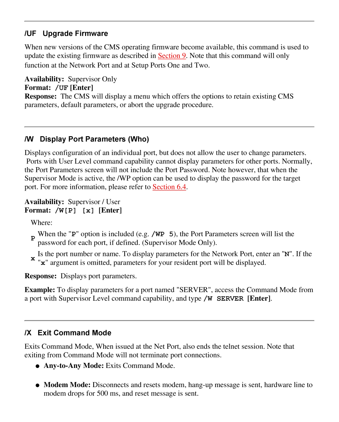 Western Telematic CMS-16 manual UF Upgrade Firmware, Format /UF Enter, Display Port Parameters Who, Format /WP x Enter 