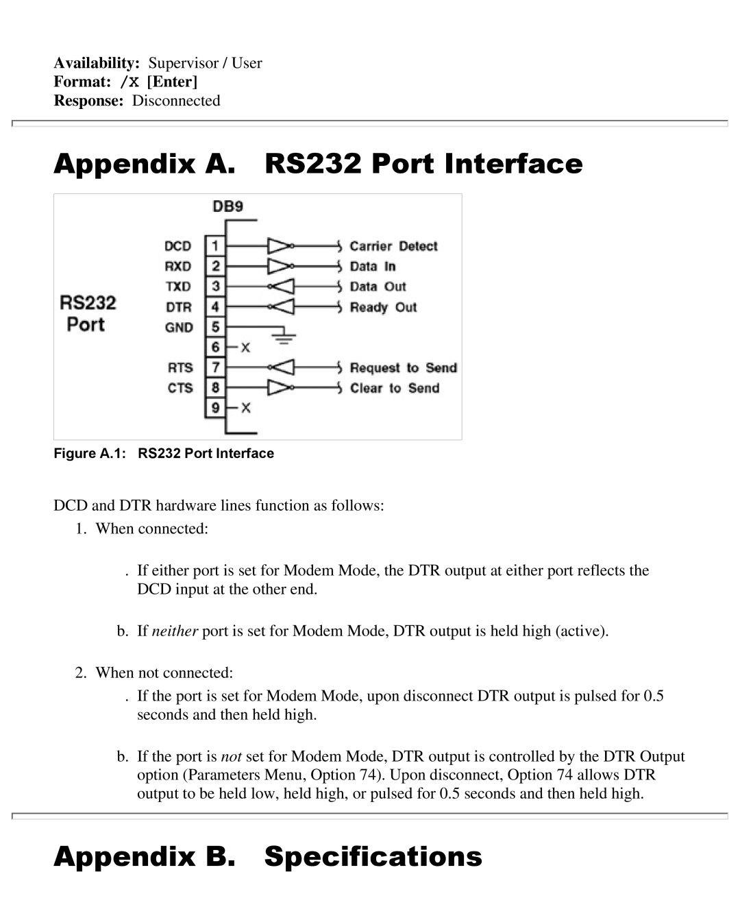 Western Telematic CMS-16 manual Appendix A. RS232 Port Interface, Appendix B. Specifications, Format /X Enter 