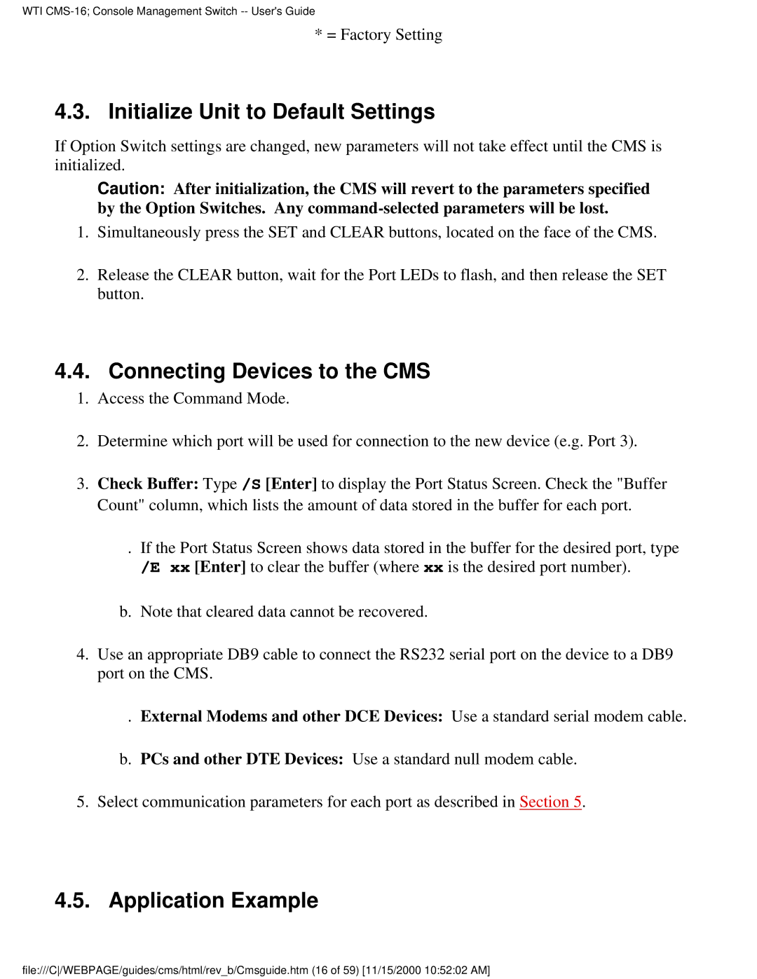 Western Telematic CMS-16 manual Initialize Unit to Default Settings, Connecting Devices to the CMS, Application Example 