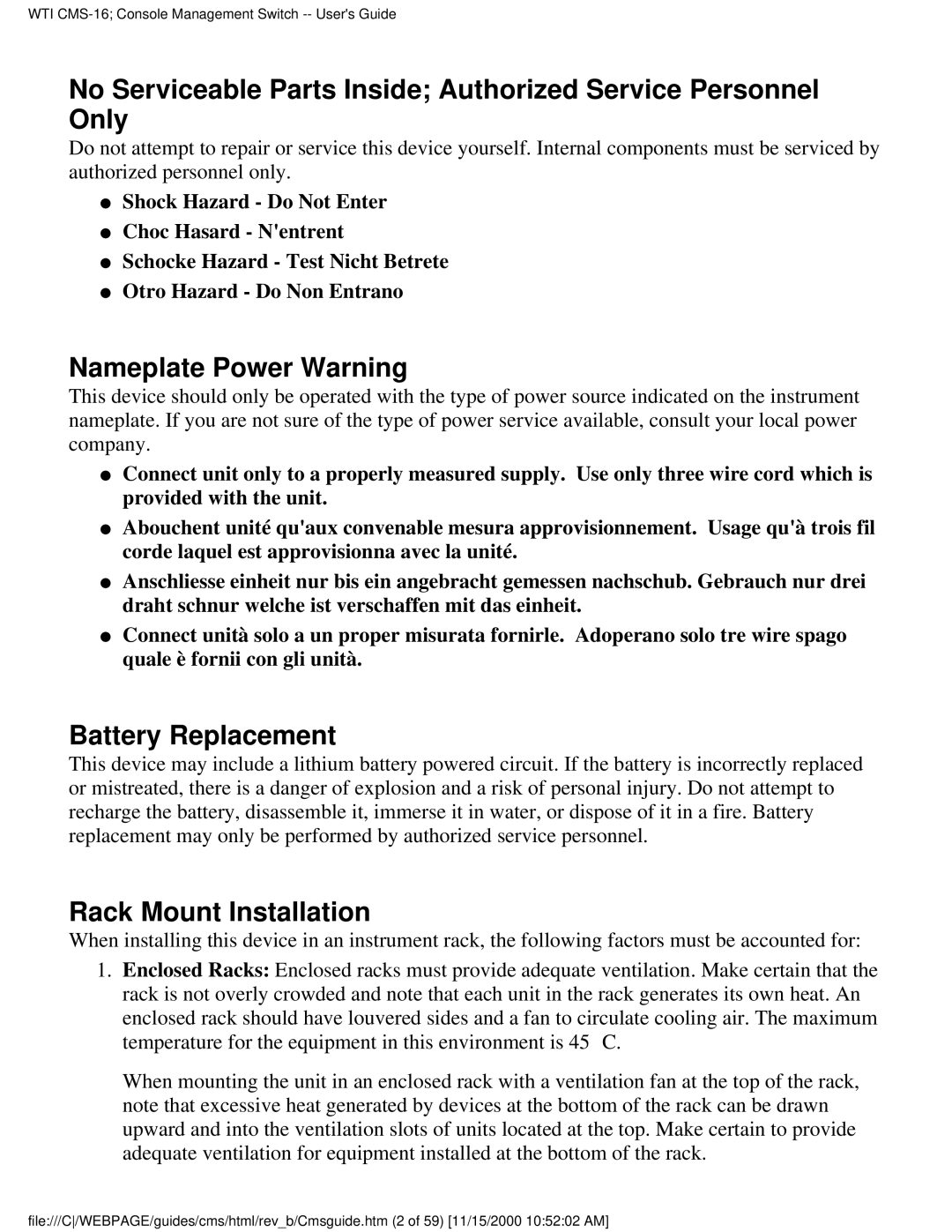 Western Telematic CMS-16 manual Nameplate Power Warning, Battery Replacement, Rack Mount Installation 