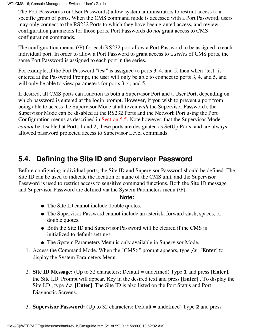 Western Telematic CMS-16 manual Defining the Site ID and Supervisor Password 