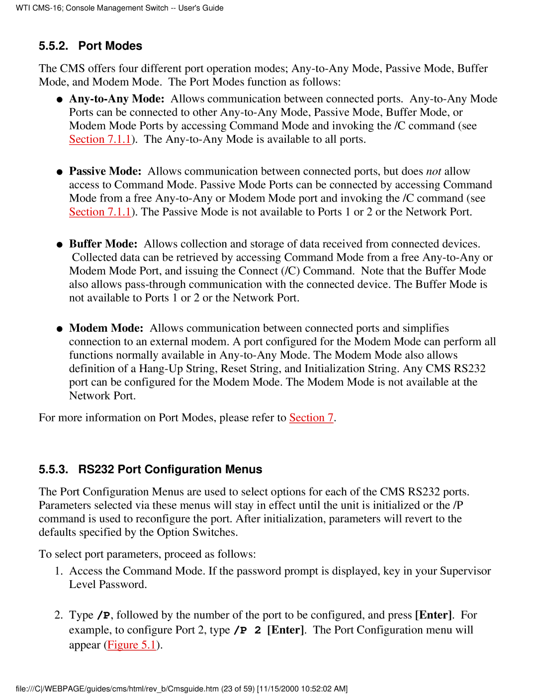 Western Telematic CMS-16 manual Port Modes, 3. RS232 Port Configuration Menus 