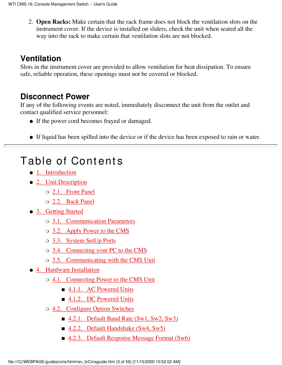 Western Telematic CMS-16 manual Table of Contents 