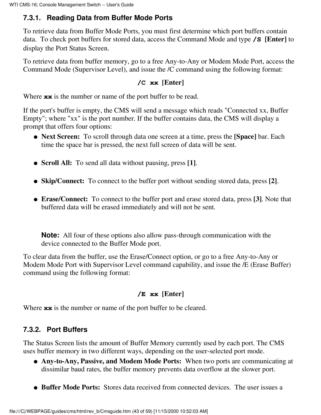 Western Telematic CMS-16 manual Reading Data from Buffer Mode Ports, Xx Enter, Port Buffers 