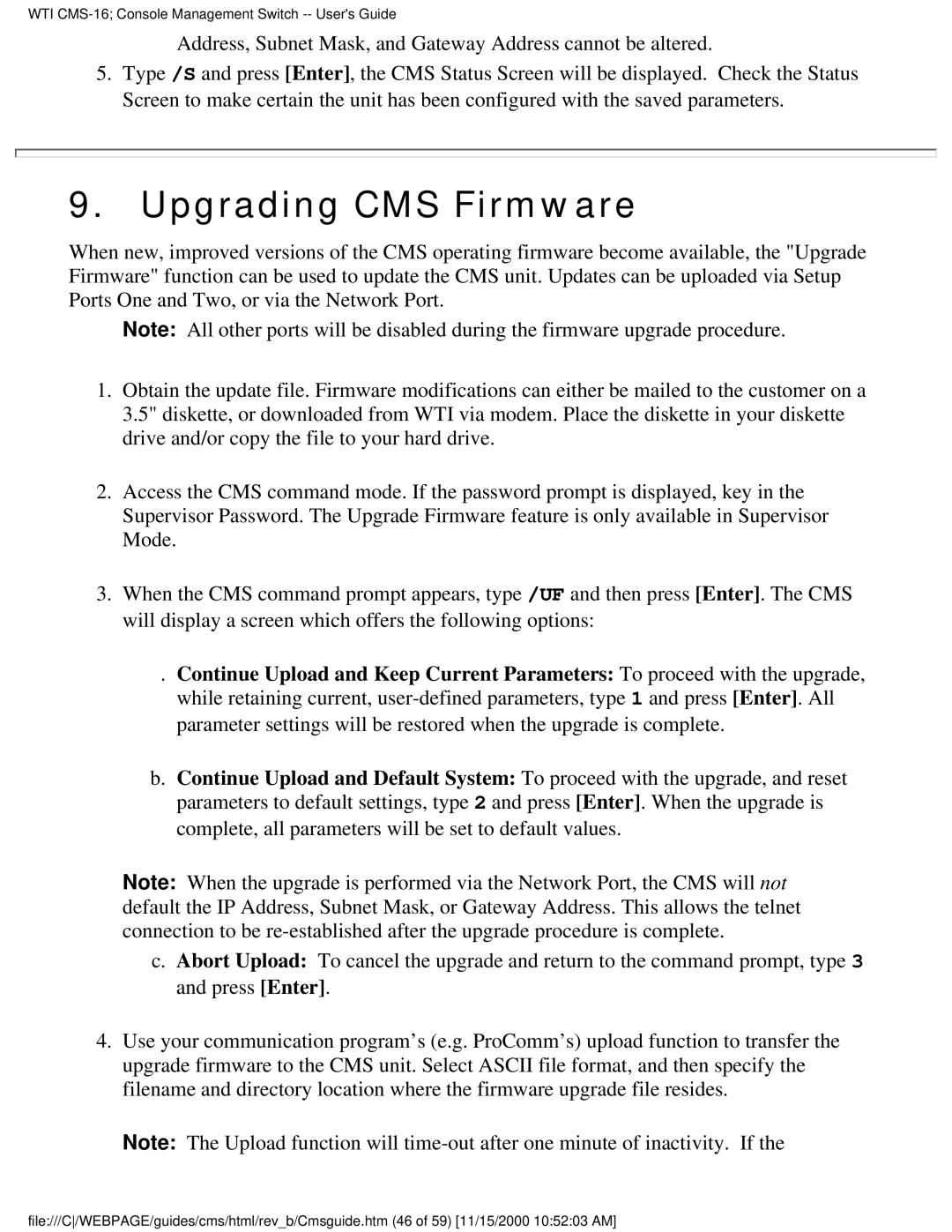 Western Telematic CMS-16 manual Upgrading CMS Firmware 