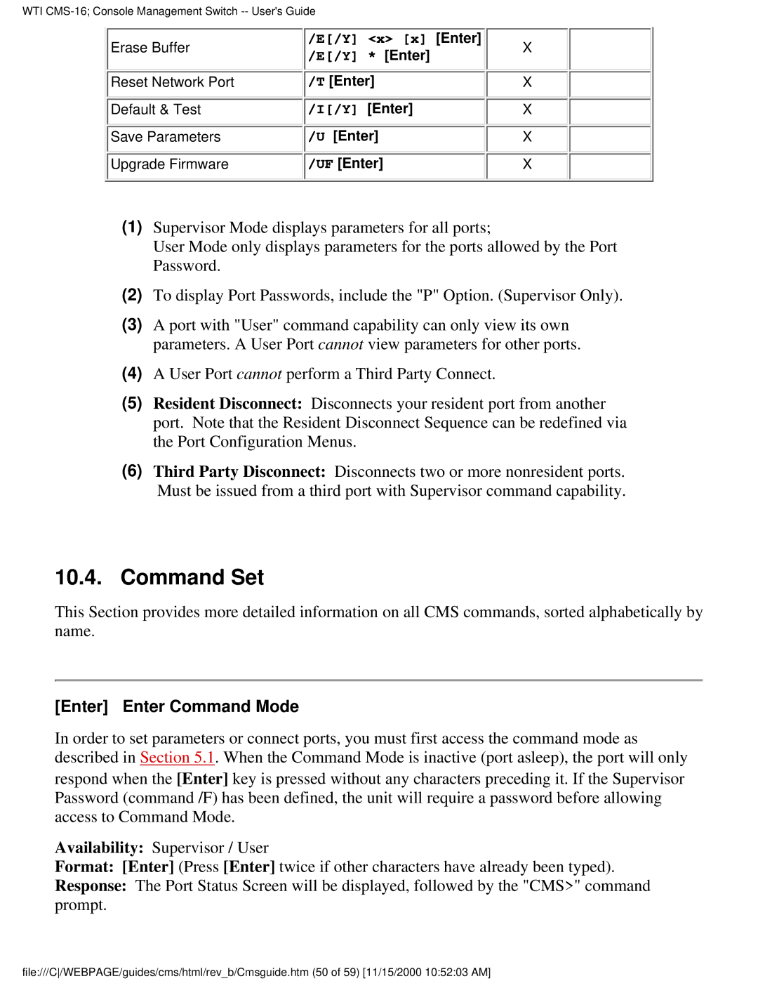 Western Telematic CMS-16 manual Command Set, Enter Enter Command Mode 