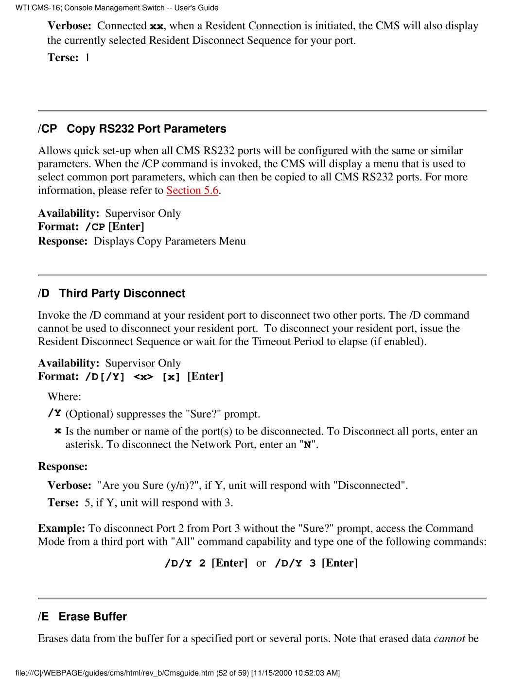 Western Telematic CMS-16 manual CP Copy RS232 Port Parameters, Third Party Disconnect, Erase Buffer 