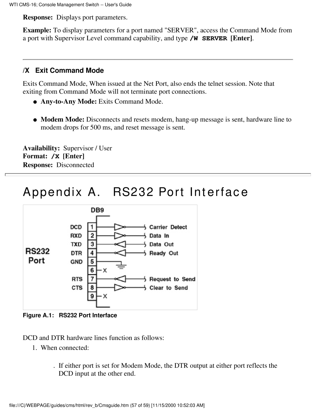 Western Telematic CMS-16 manual Appendix A. RS232 Port Interface, Exit Command Mode, Format /X Enter 