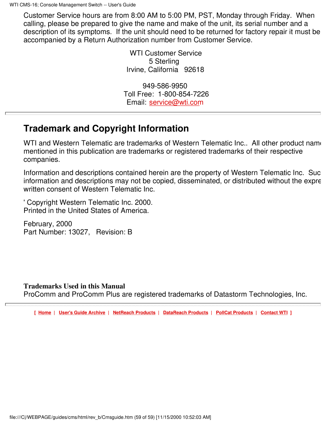 Western Telematic CMS-16 manual Trademark and Copyright Information, Trademarks Used in this Manual 