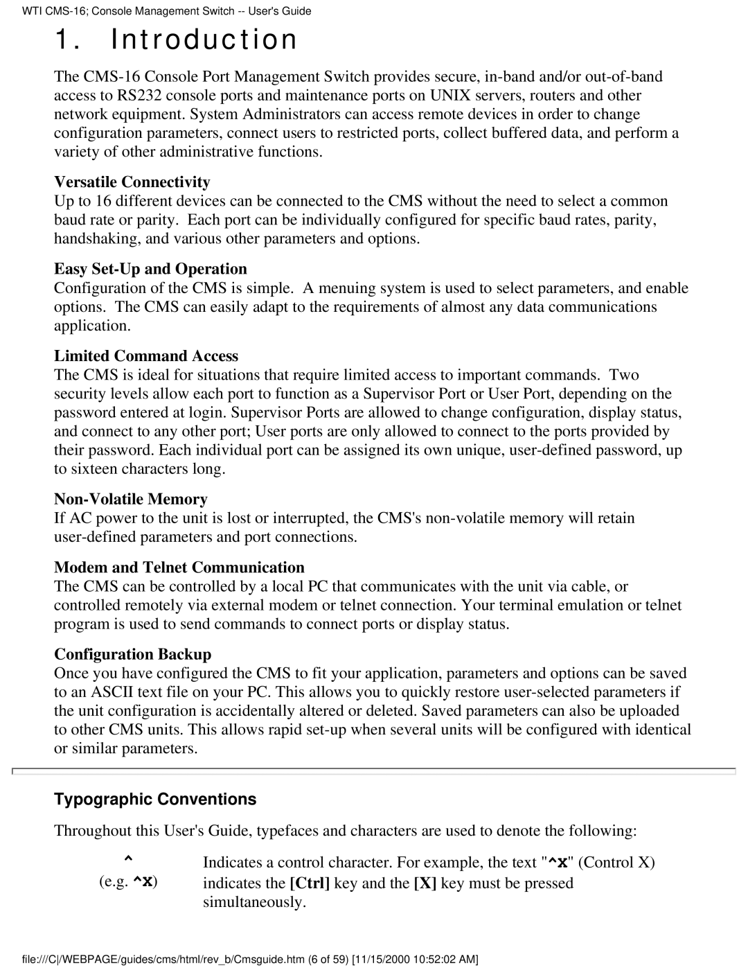 Western Telematic CMS-16 manual Introduction, Typographic Conventions 