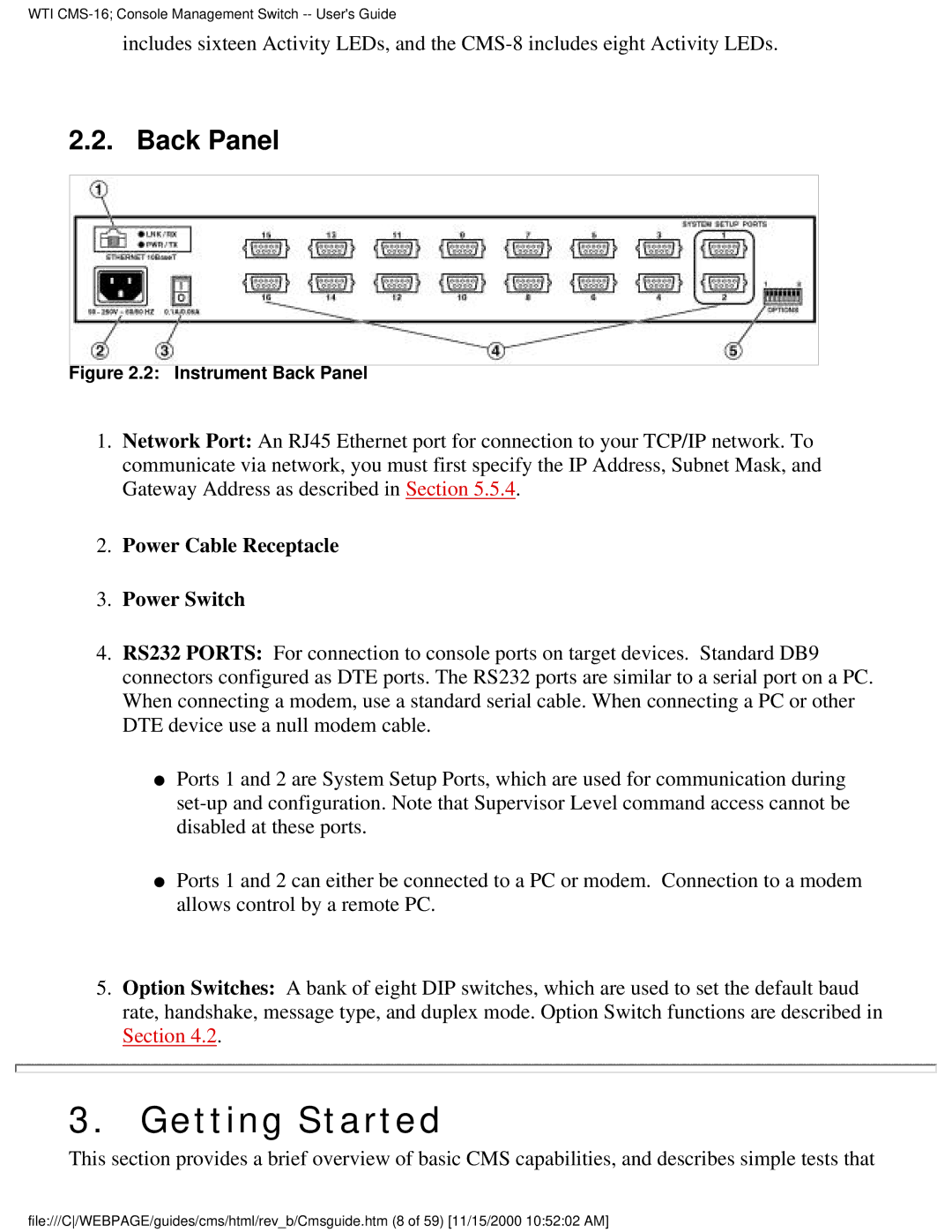 Western Telematic CMS-16 manual Getting Started, Back Panel, Power Cable Receptacle Power Switch 