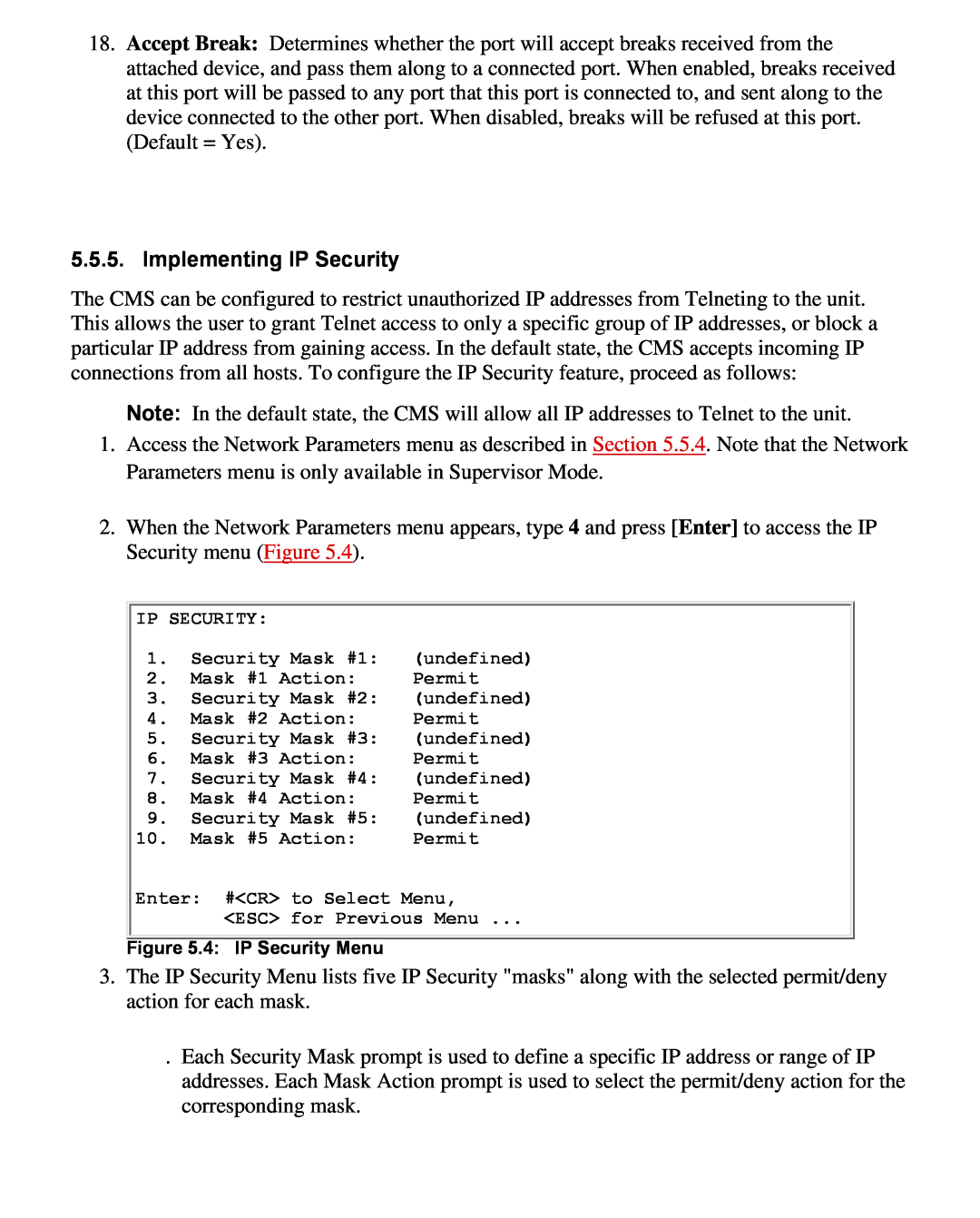 Western Telematic CMS-16 manual Implementing IP Security, 4 IP Security Menu 