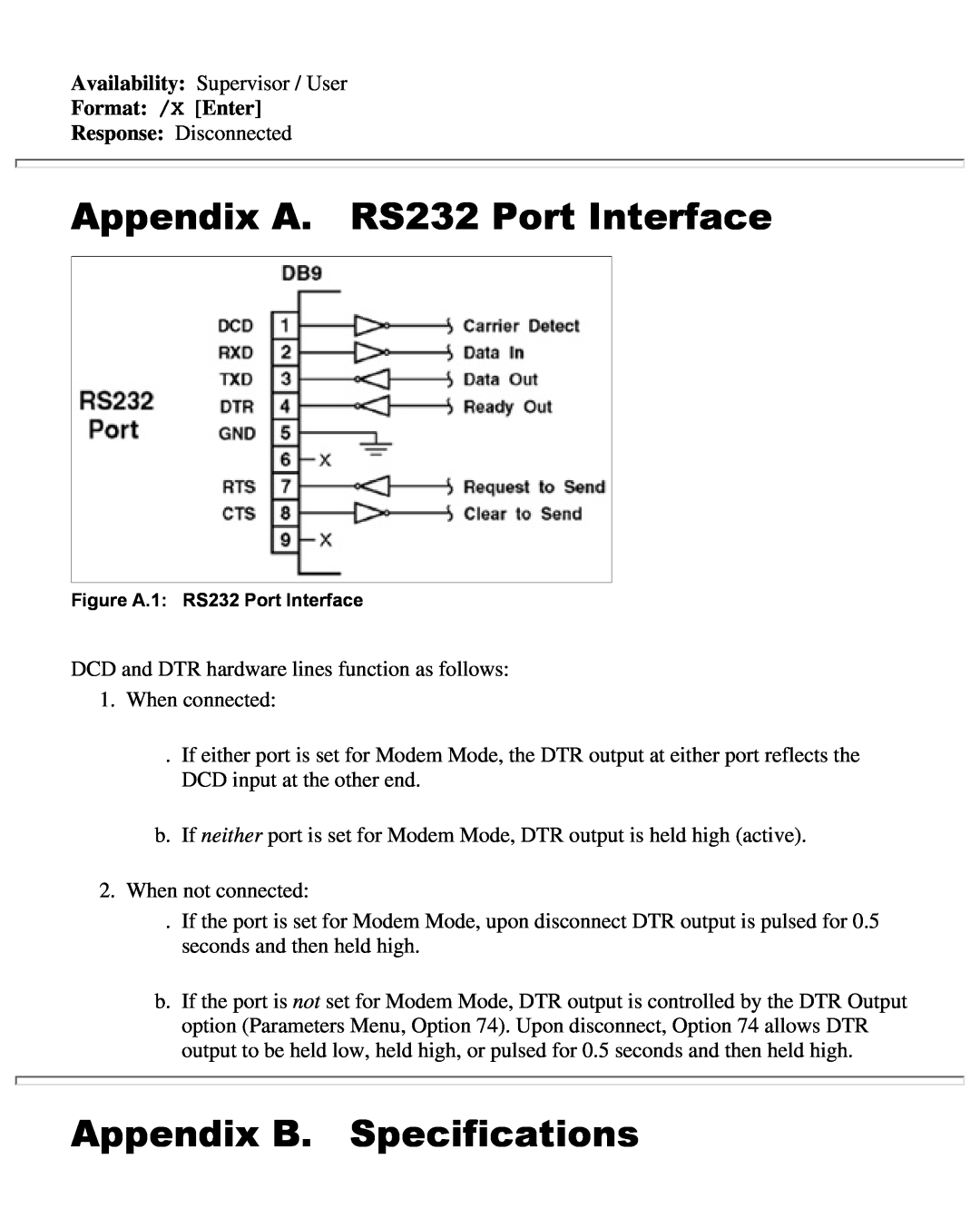Western Telematic CMS-16 manual Appendix A. RS232 Port Interface, Appendix B. Specifications, Format /X Enter 
