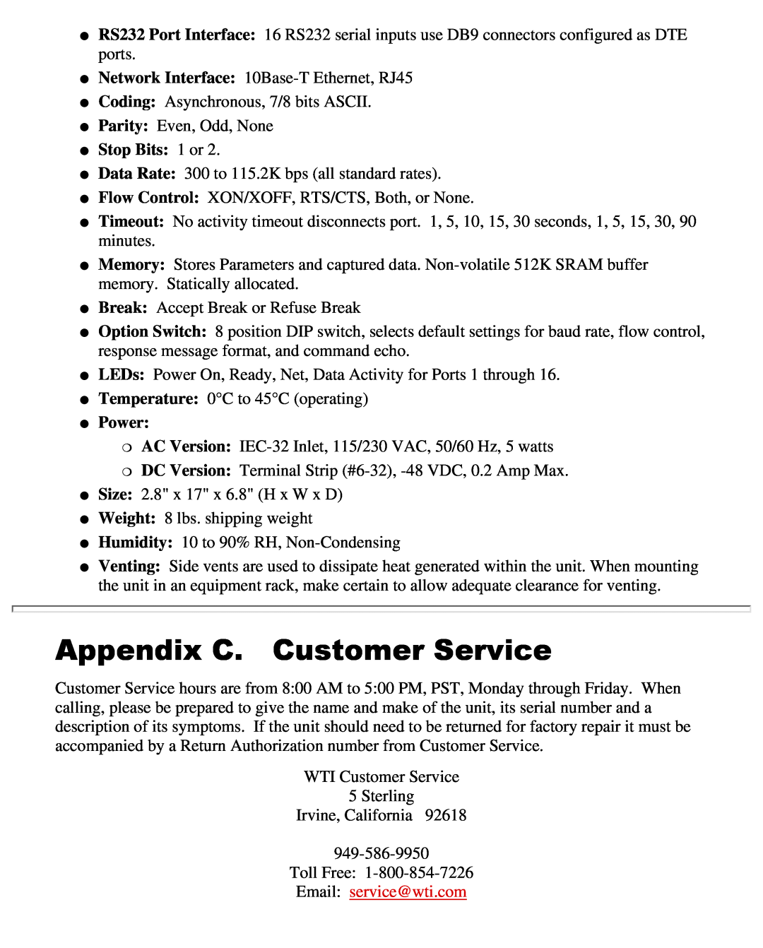 Western Telematic CMS-16 manual Appendix C. Customer Service, Stop Bits 1 or, Power 
