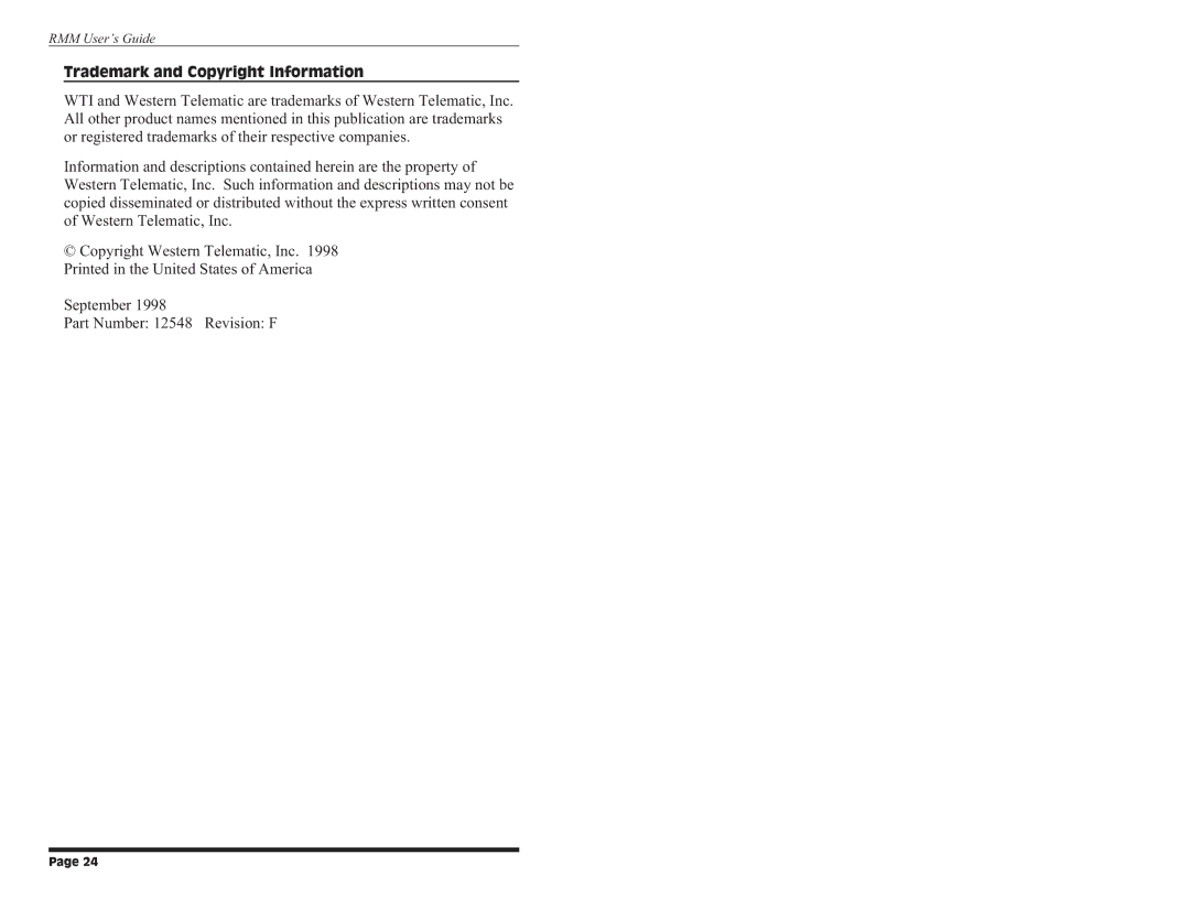 Western Telematic Data/FaxModem manual Trademark and Copyright Information 