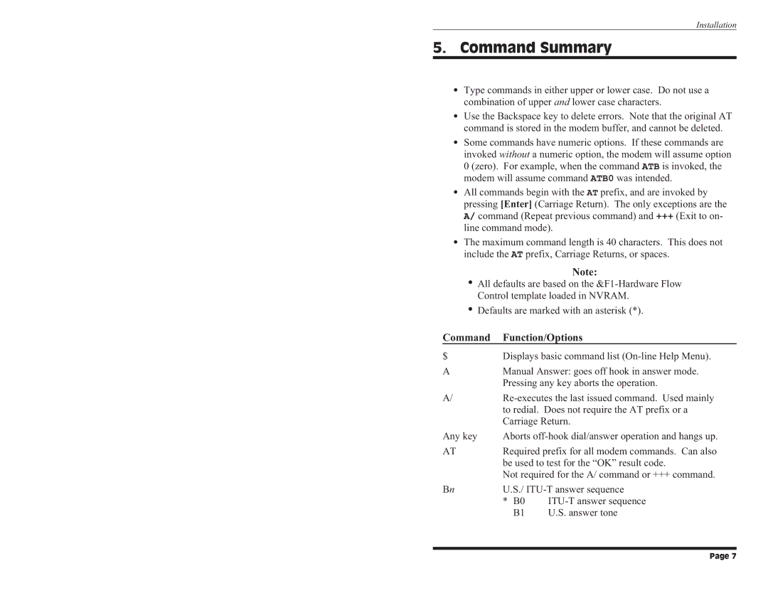 Western Telematic Data/FaxModem manual Command Summary, Command Function/Options 