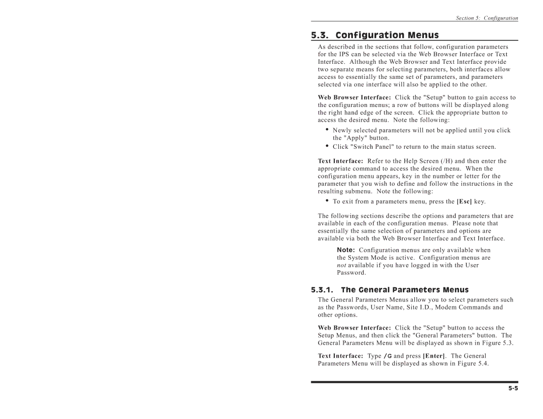 Western Telematic IPS-15 manual Configuration Menus, General Parameters Menus 