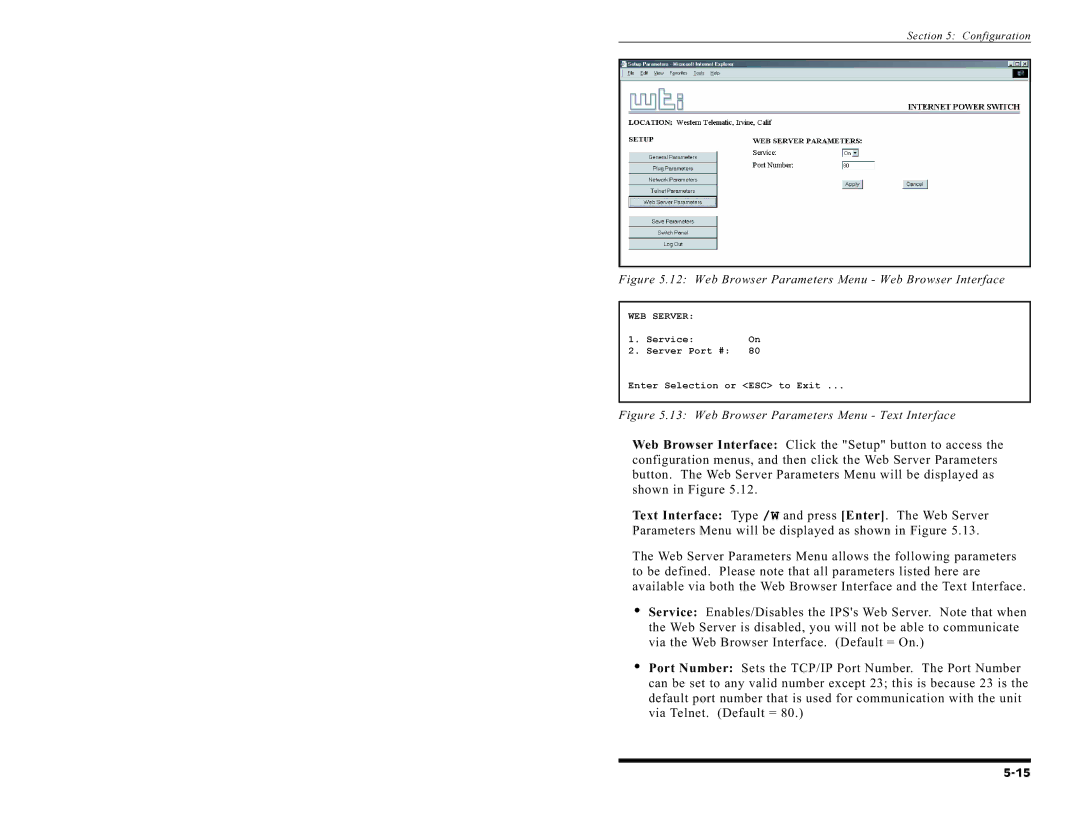 Western Telematic IPS-15 manual Web Browser Parameters Menu Text Interface 