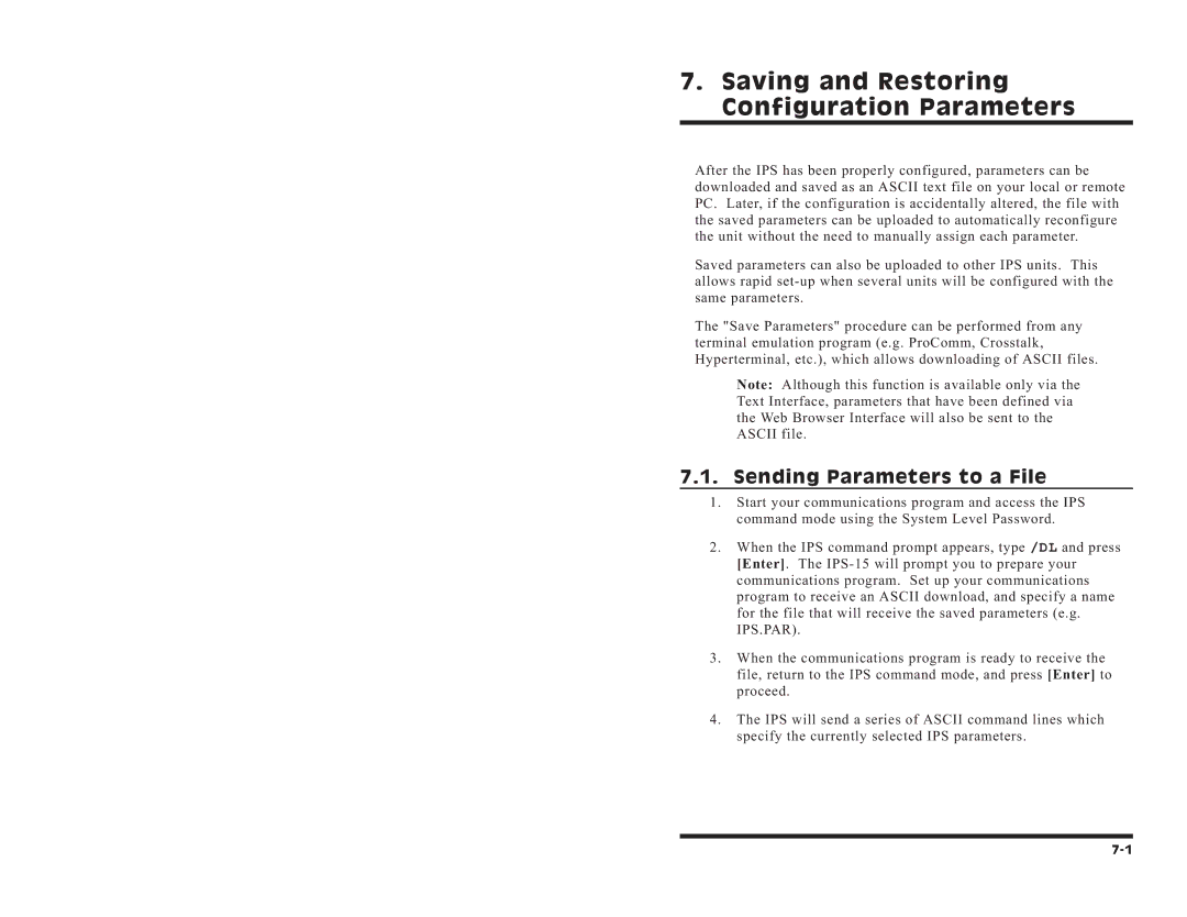 Western Telematic IPS-15 manual Saving and Restoring Configuration Parameters, Sending Parameters to a File 