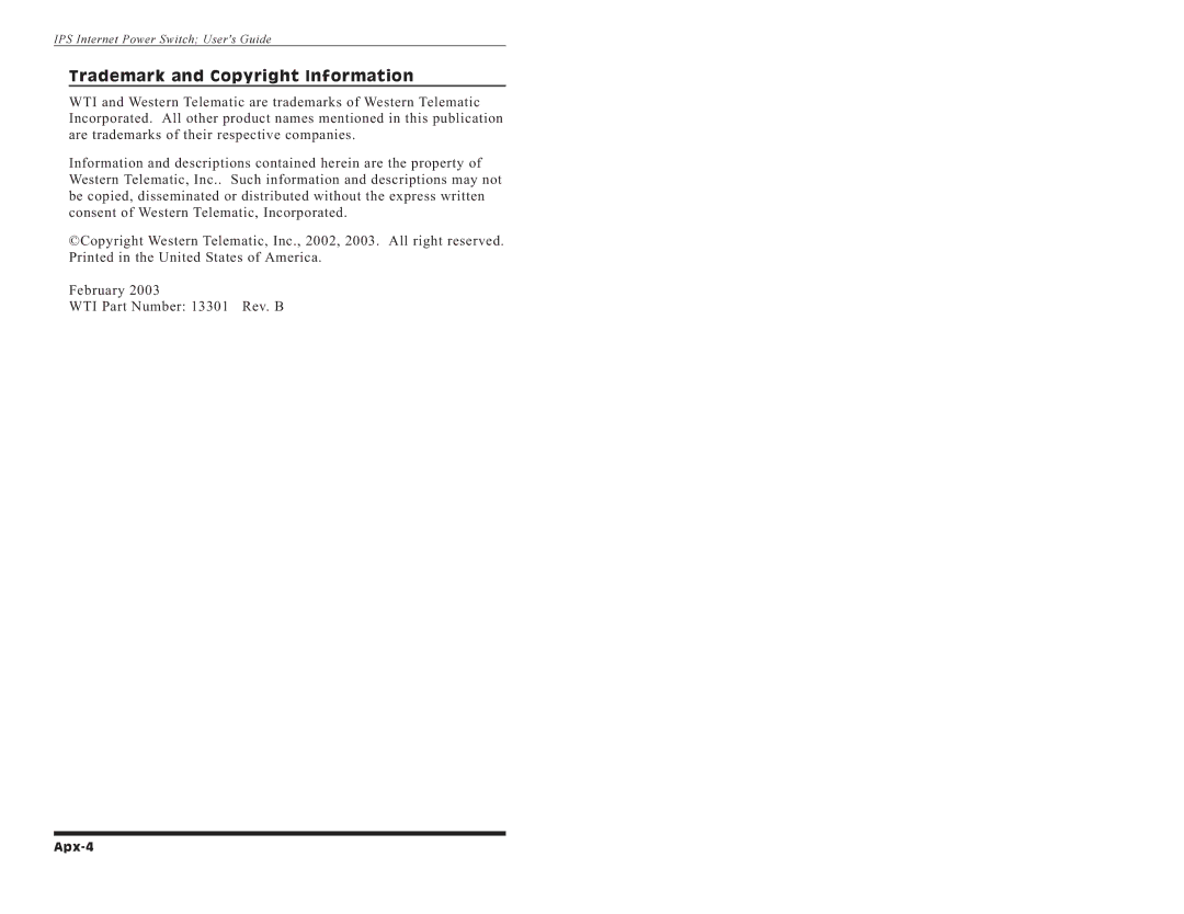 Western Telematic IPS-15 manual Apx-4, Trademark and Copyright Information 