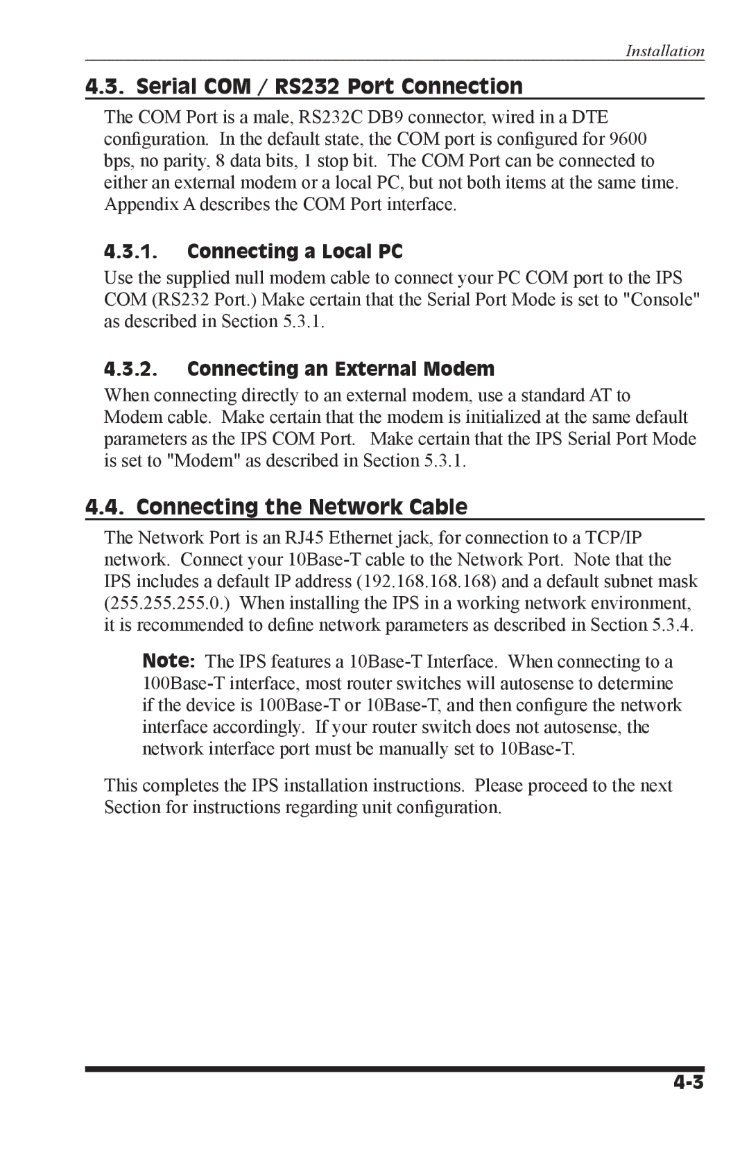 Western Telematic IPS-800-D20, IPS-800E-D20, IPS-1600-D20, IPS-1600E-D20 manual Serial COM / RS232 Port Connection 