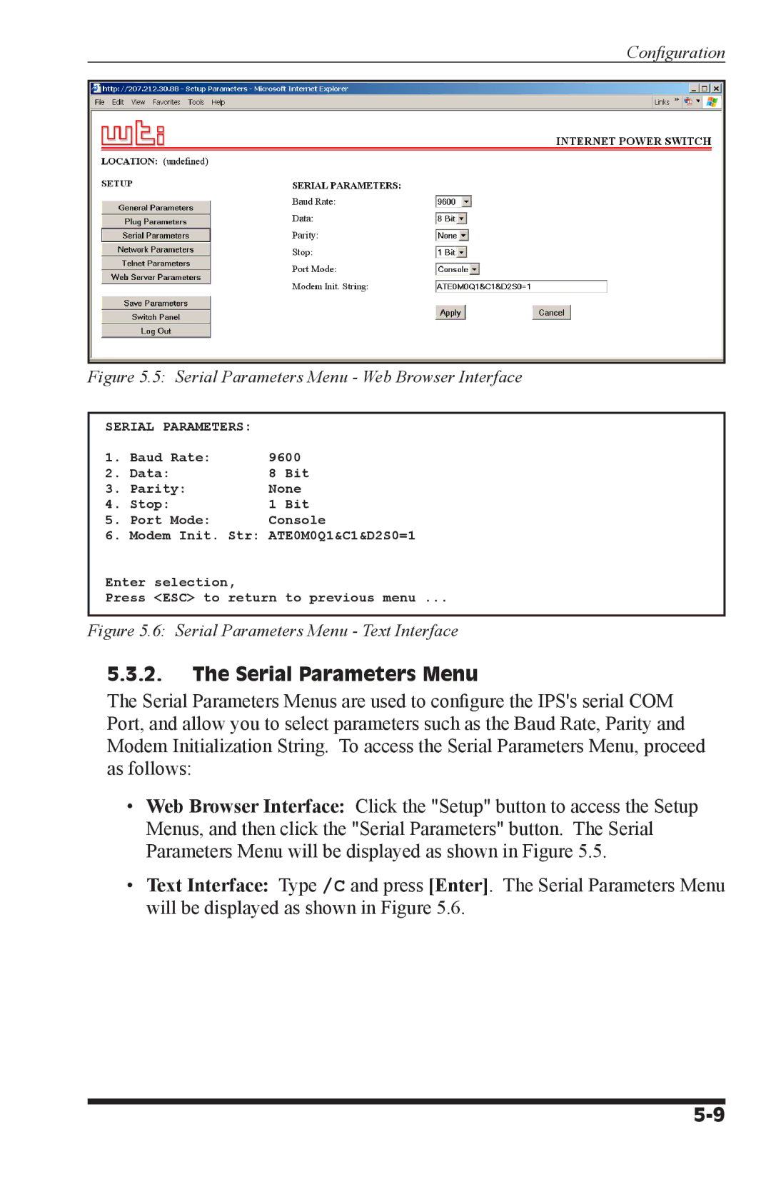 Western Telematic IPS-800-D20, IPS-800E-D20, IPS-1600-D20, IPS-1600E-D20 manual Serial Parameters Menu 