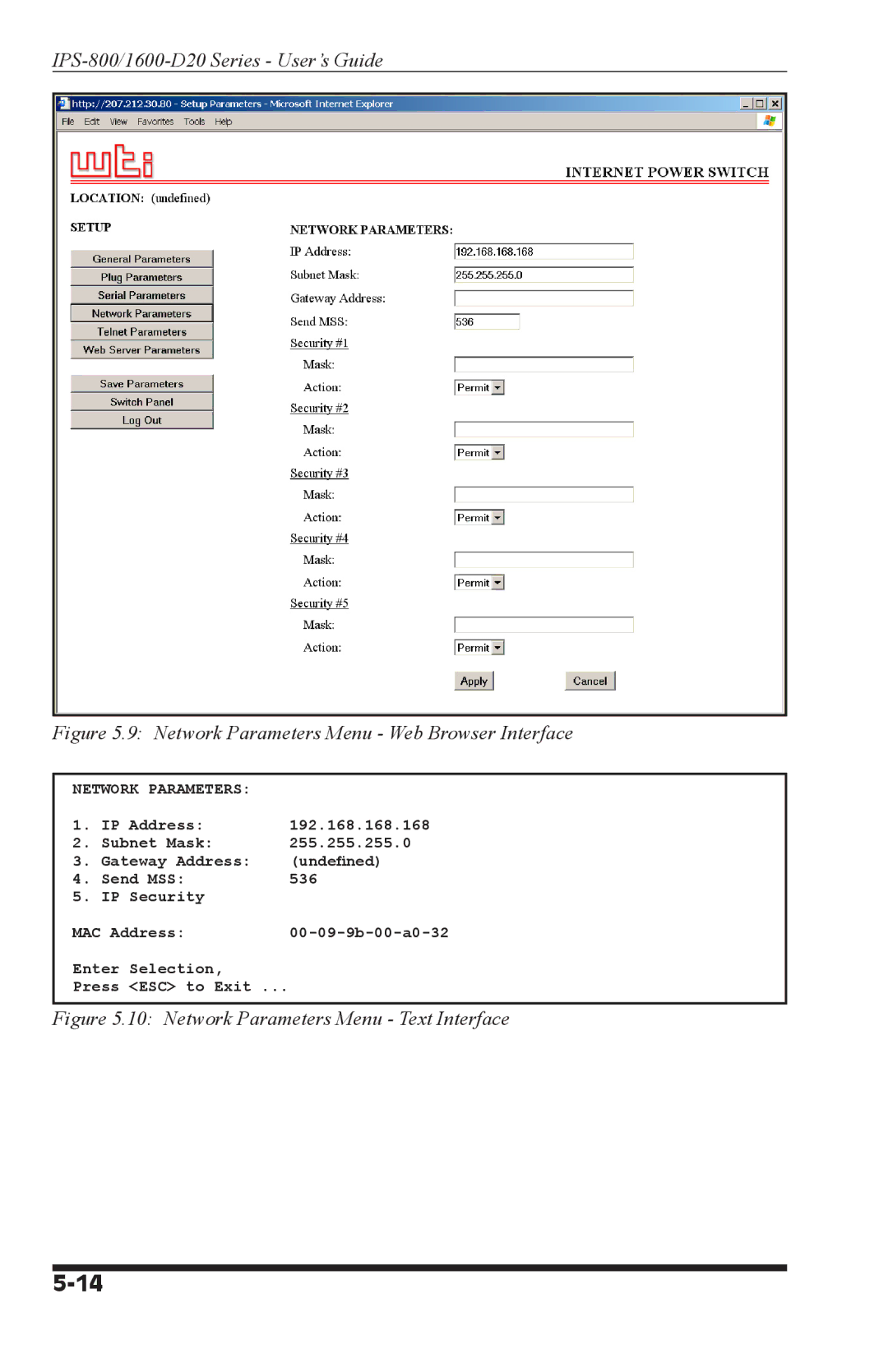 Western Telematic IPS-800-D20, IPS-800E-D20, IPS-1600-D20, IPS-1600E-D20 Network Parameters Menu Web Browser Interface 