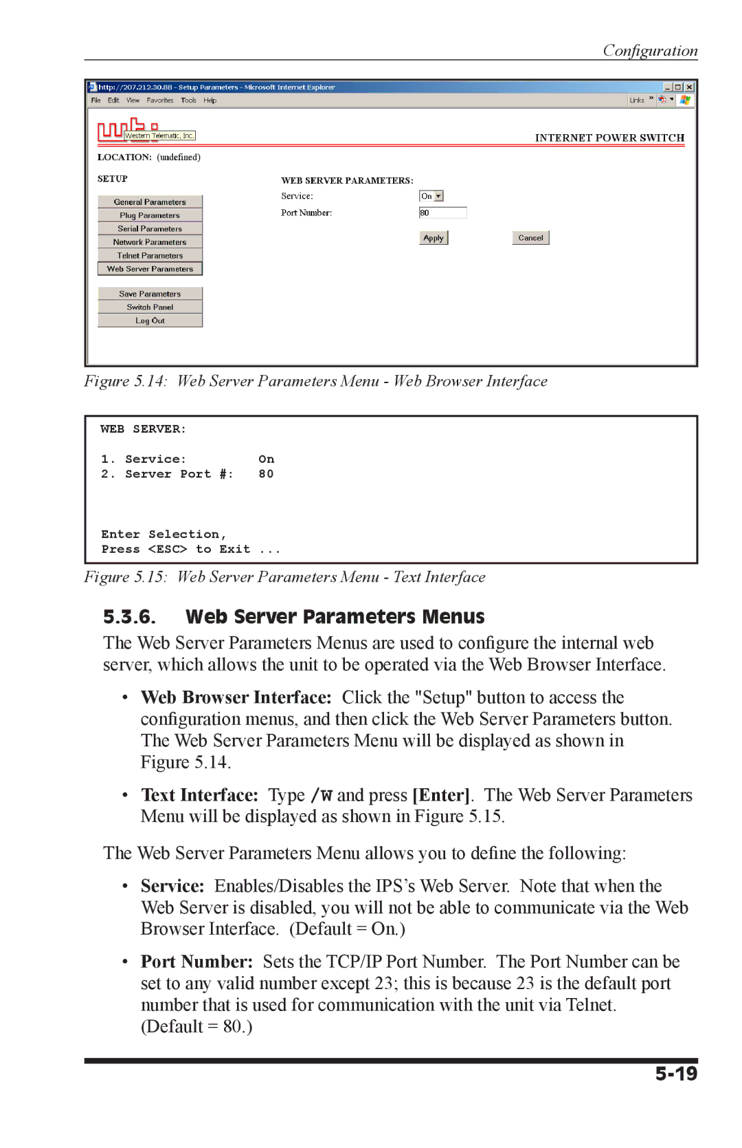 Western Telematic IPS-800-D20, IPS-800E-D20, IPS-1600-D20, IPS-1600E-D20 manual Web Server Parameters Menus 