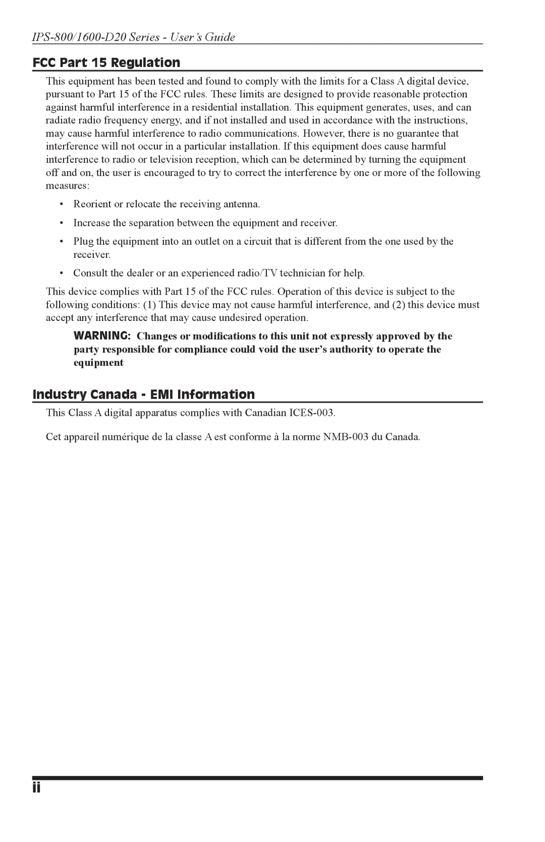 Western Telematic IPS-800-D20, IPS-800E-D20, IPS-1600-D20, IPS-1600E-D20 manual FCC Part 15 Regulation 