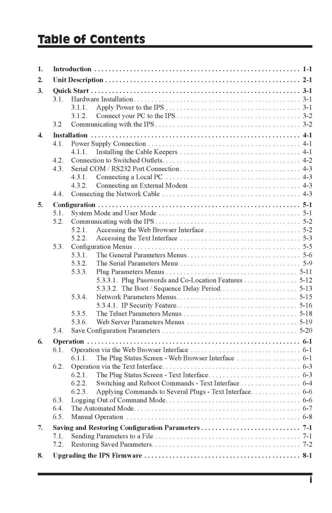 Western Telematic IPS-800-D20, IPS-800E-D20, IPS-1600-D20, IPS-1600E-D20 manual Table of Contents 