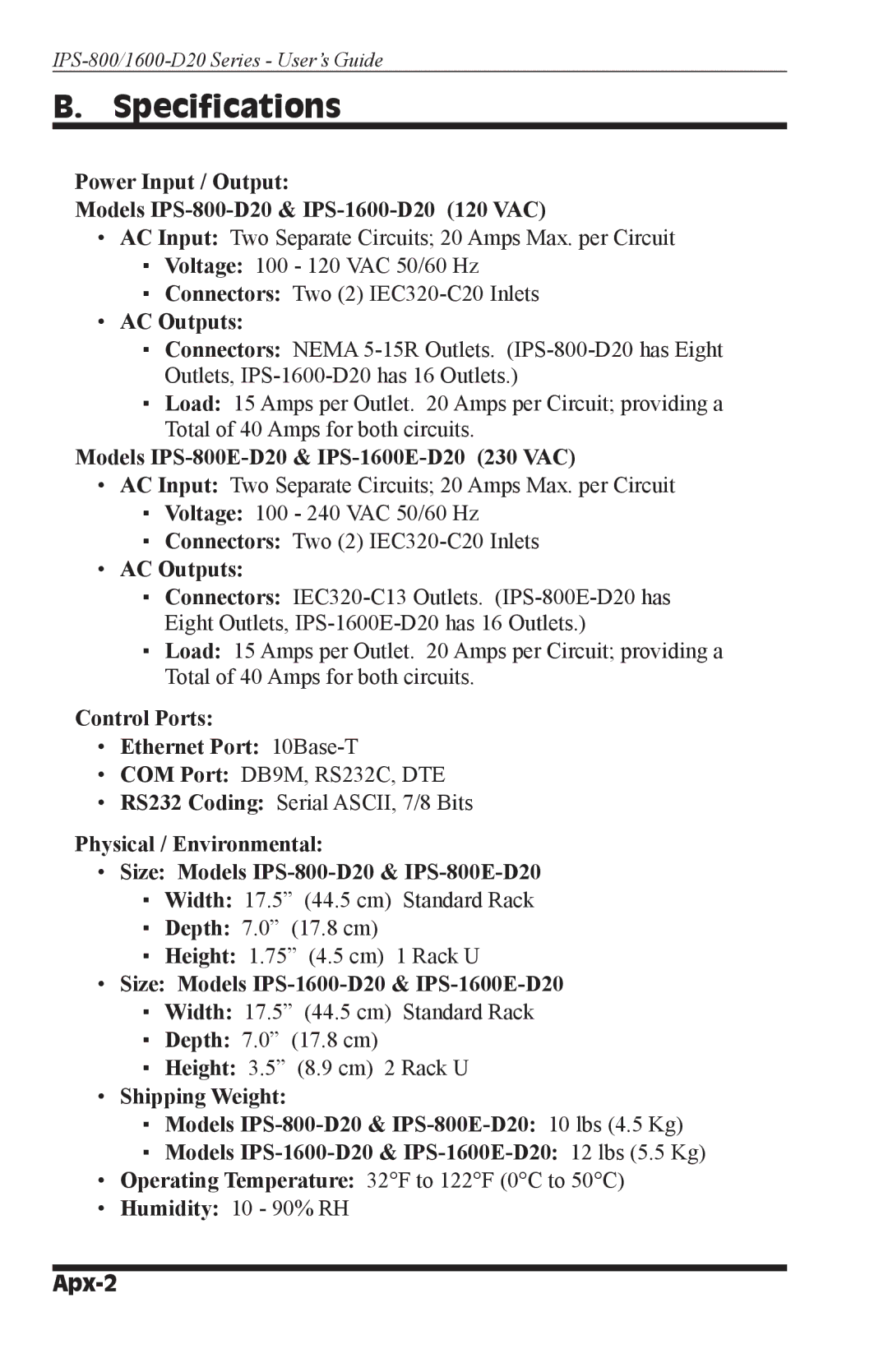 Western Telematic IPS-800-D20, IPS-800E-D20, IPS-1600-D20, IPS-1600E-D20 manual Specifications, Apx-2 