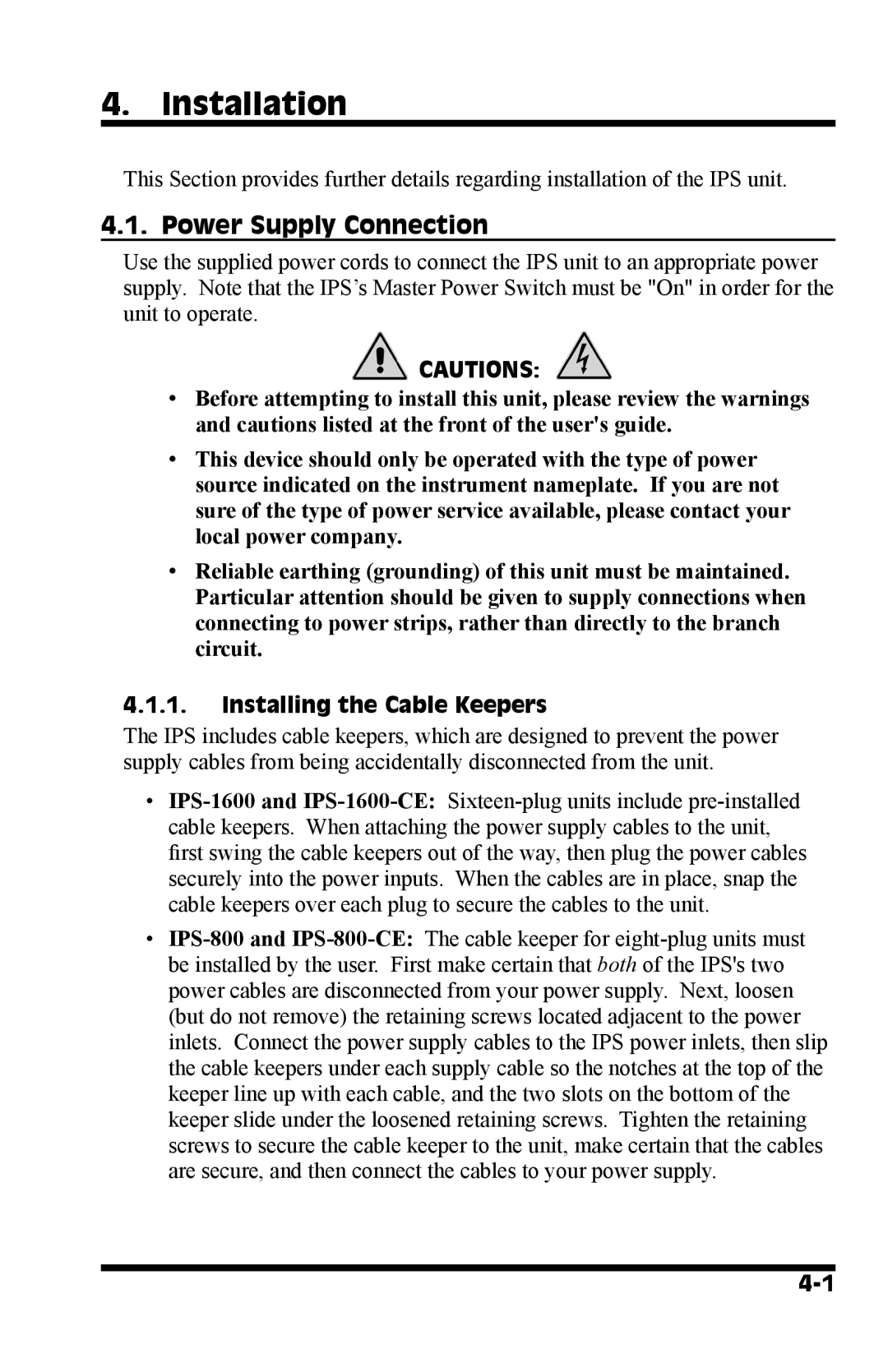 Western Telematic IPS-800-CE, IPS-1600 manual Installation, Power Supply Connection, Installing the Cable Keepers 