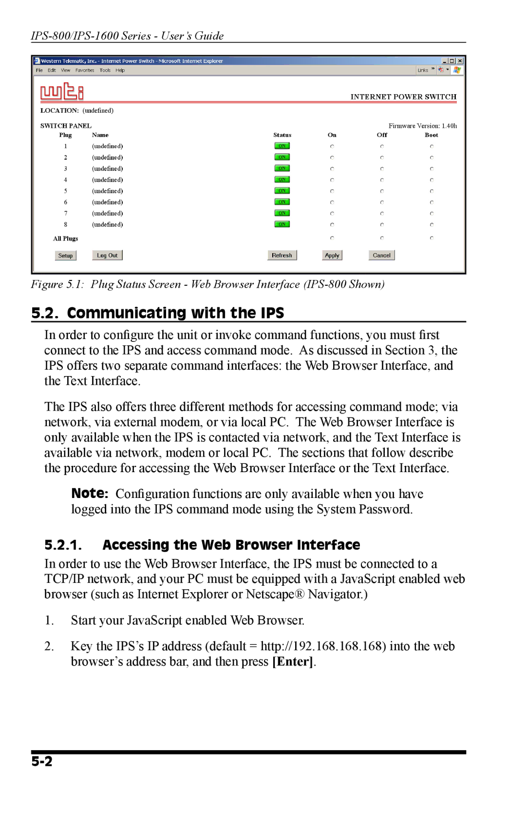 Western Telematic IPS-800-CE, IPS-1600 manual Communicating with the IPS, Accessing the Web Browser Interface 