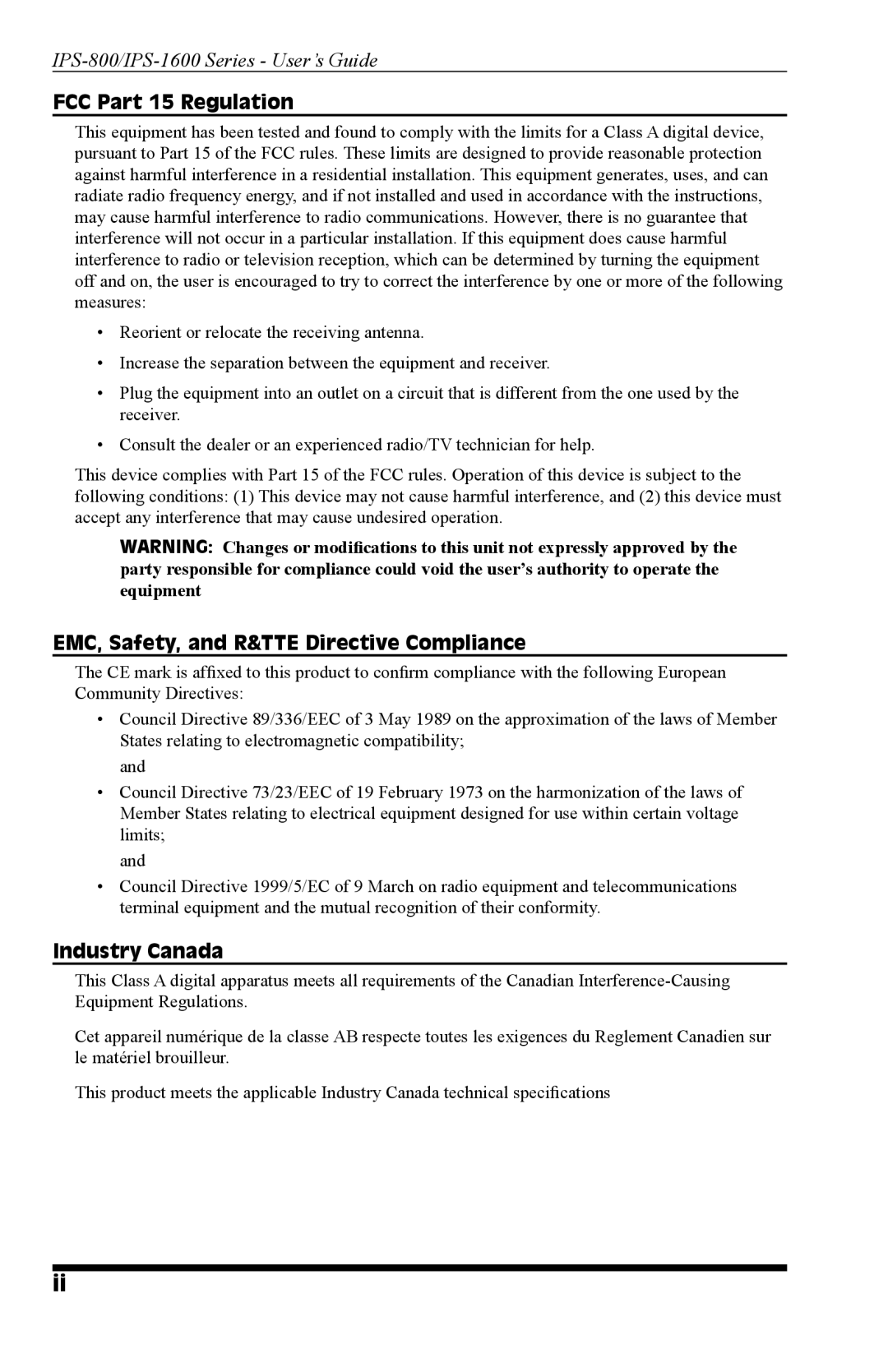 Western Telematic IPS-800, IPS-800-CE, IPS-1600, IPS-1600CE manual FCC Part 15 Regulation 