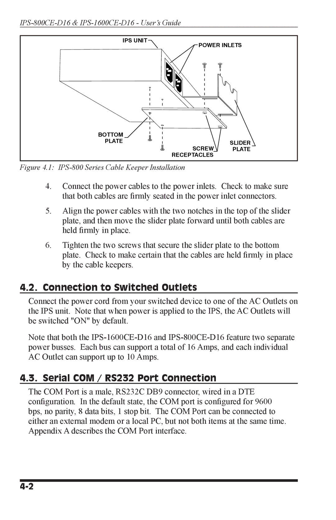 Western Telematic IPS-800CE-D16, IPS-1600CE-D16 manual Connection to Switched Outlets, Serial COM / RS232 Port Connection 
