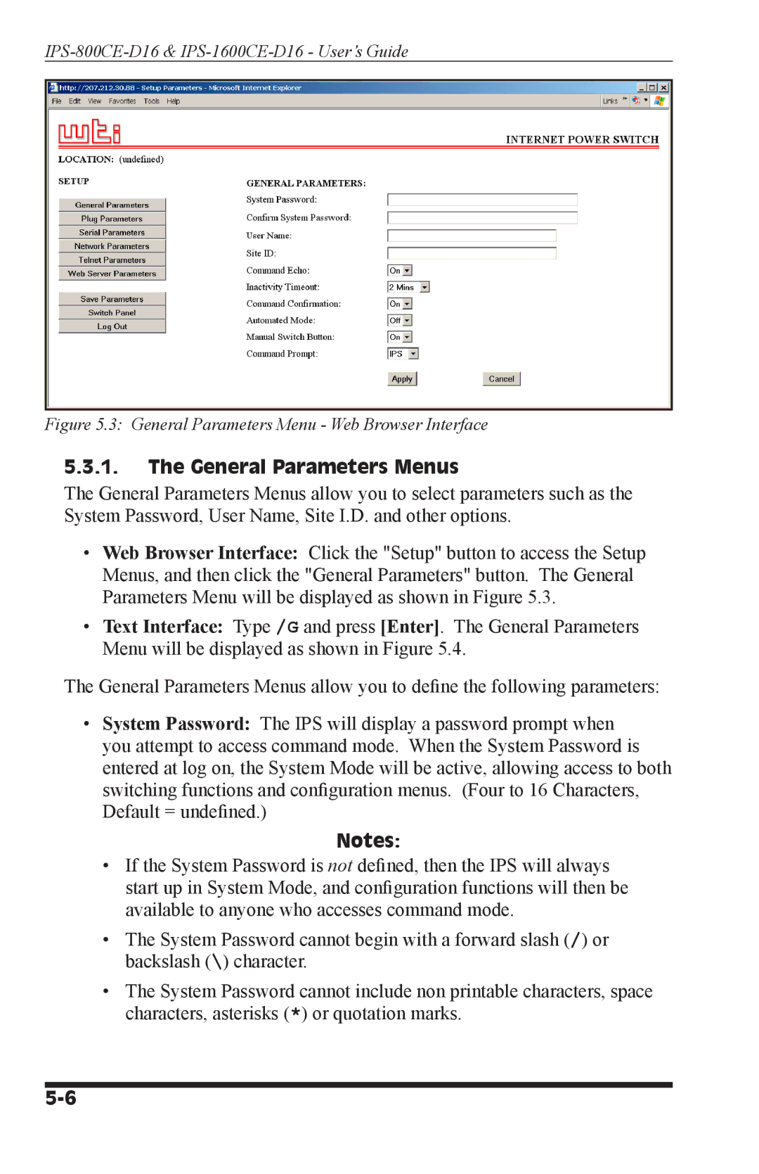 Western Telematic IPS-800CE-D16, IPS-1600CE-D16 General Parameters Menus, General Parameters Menu Web Browser Interface 