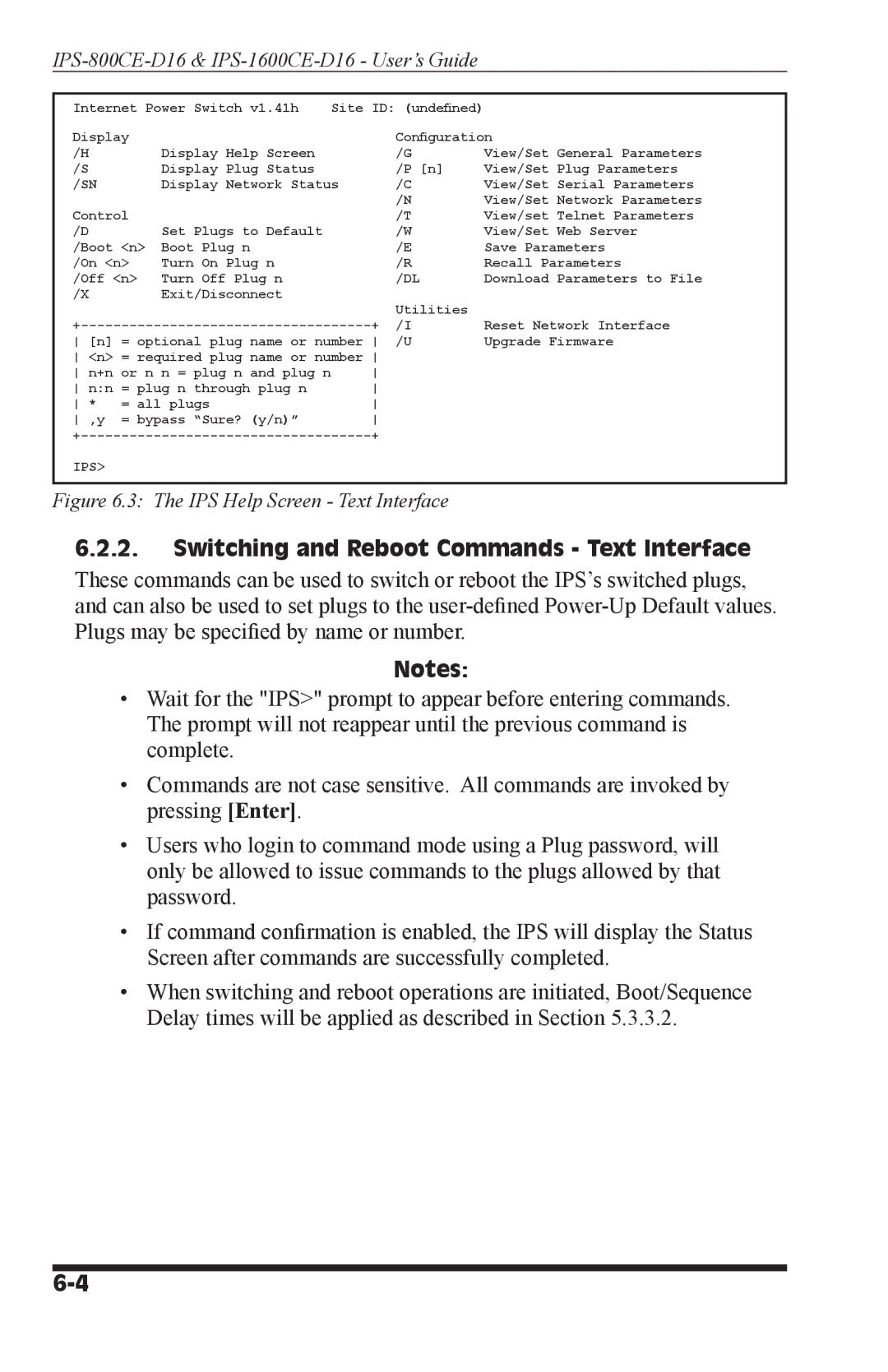 Western Telematic IPS-800CE-D16, IPS-1600CE-D16 manual Switching and Reboot Commands Text Interface 